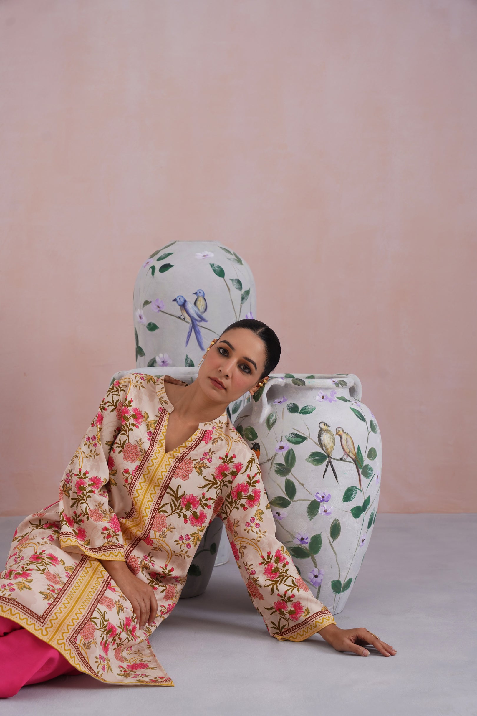 Pink & Beige Floral Digital Printed Kurta Set