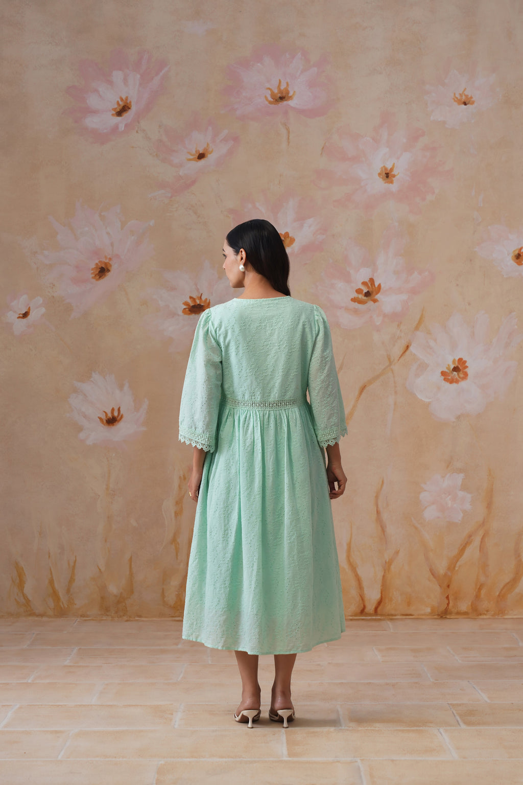 Mint Green Broderie Flared Midi Dress