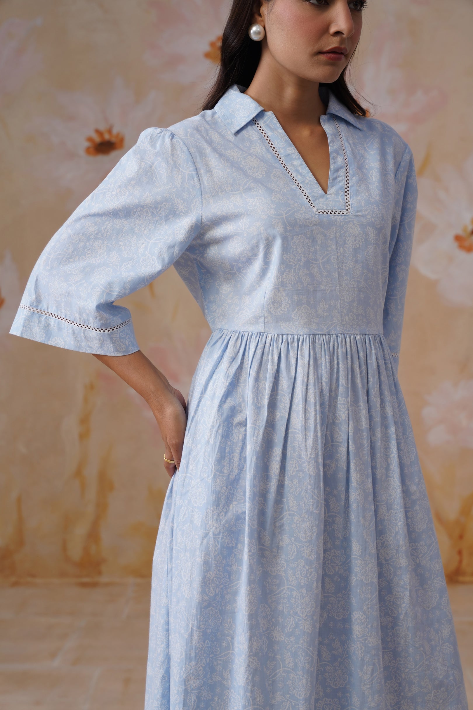 Blue and White Floral Printed Flared Midi Dress