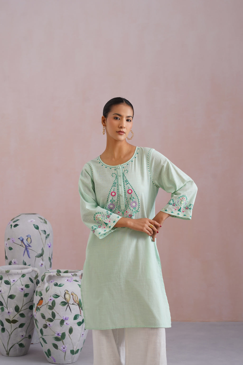 Mint-White Paisley Embroidered Kurta Set
