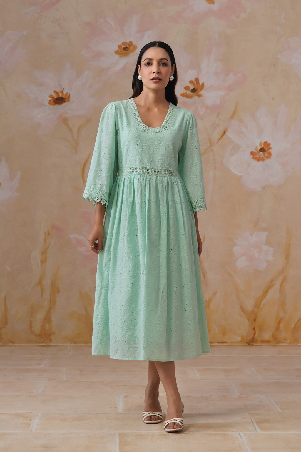 Mint Green Broderie Flared Midi Dress