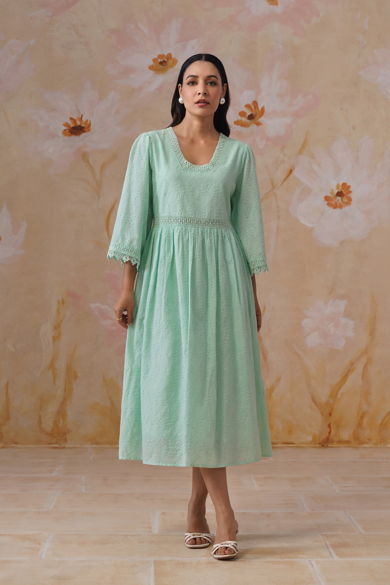 Mint Green Broderie Flared Midi Dress