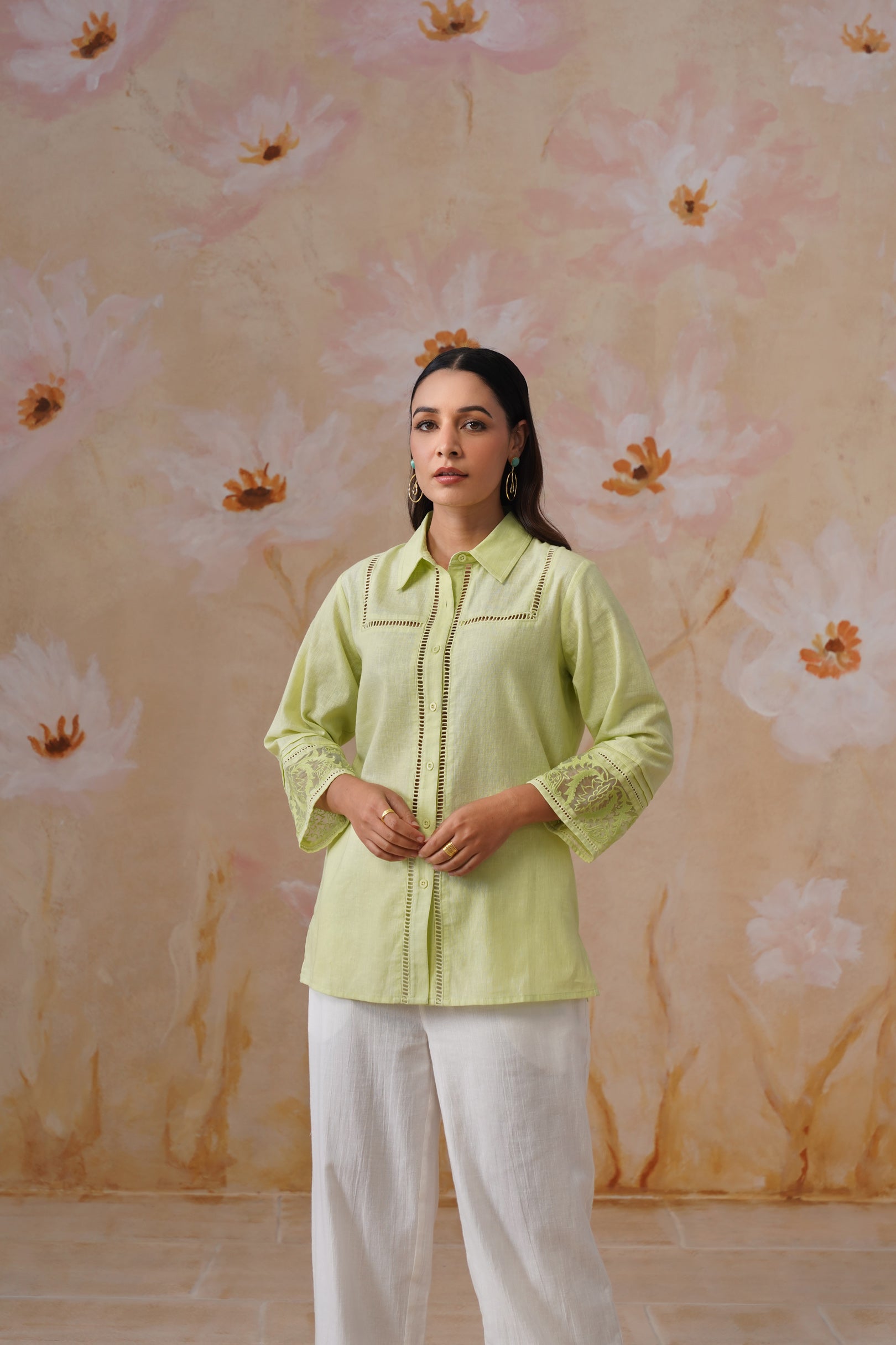Green & white Organza Embroidered Cotton Linen Co-Ord Set