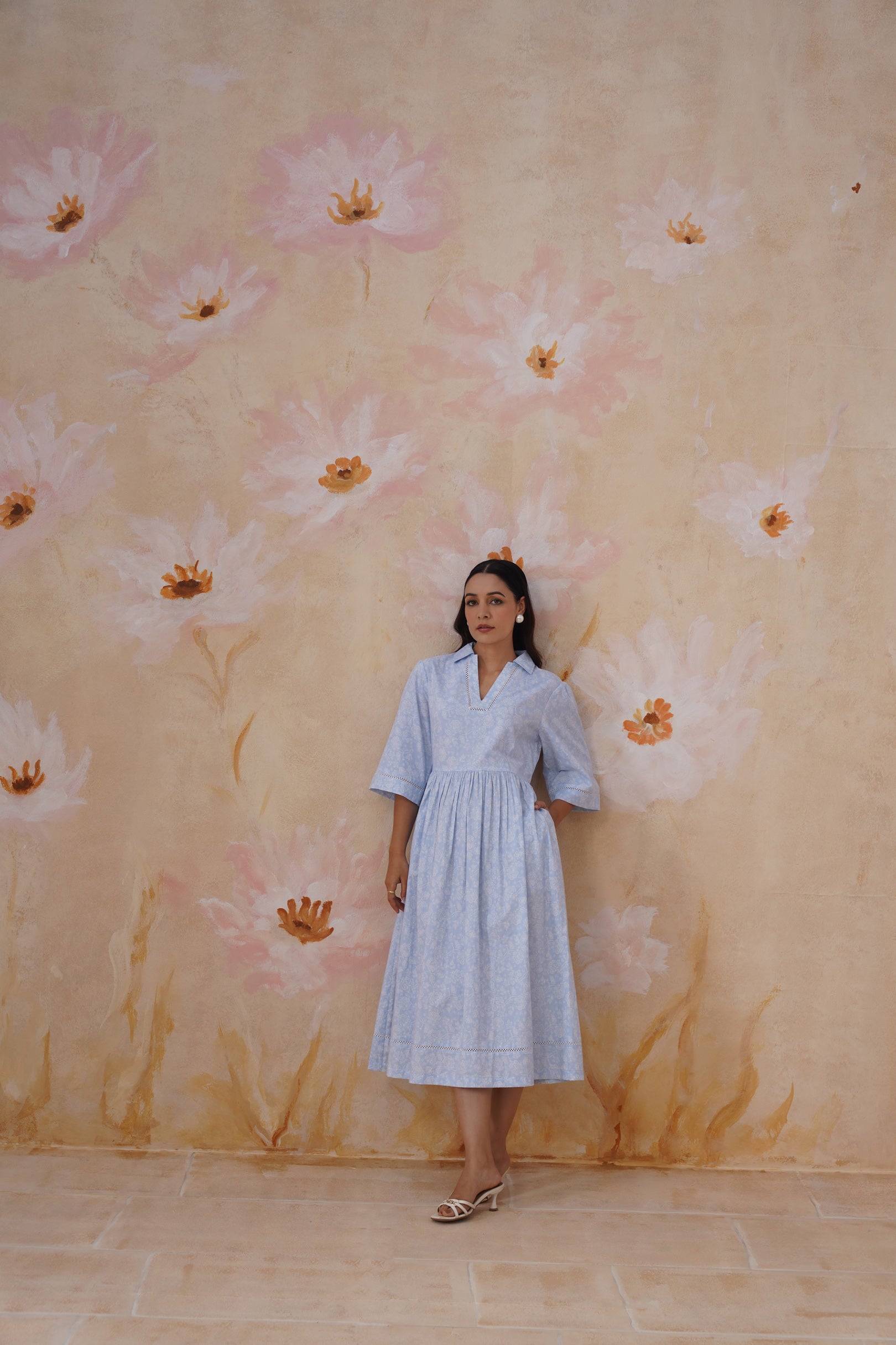 Blue and White Floral Printed Flared Midi Dress