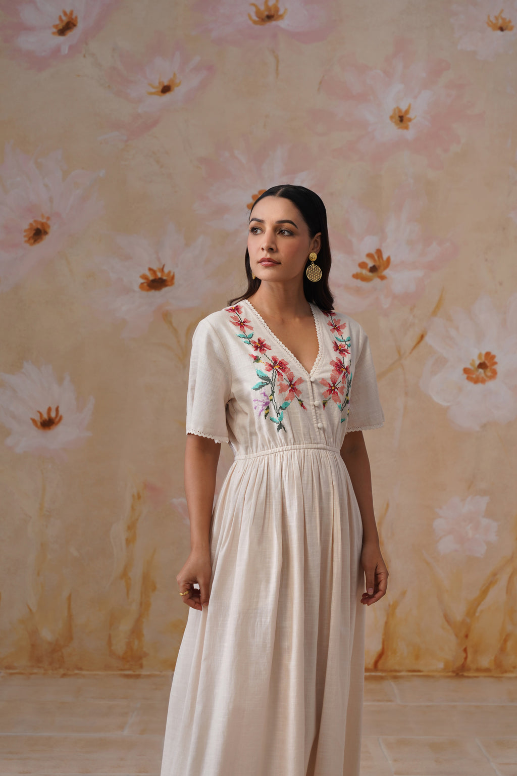 Ivory Floral Cross-Stitch Embroidery Maxi Dress