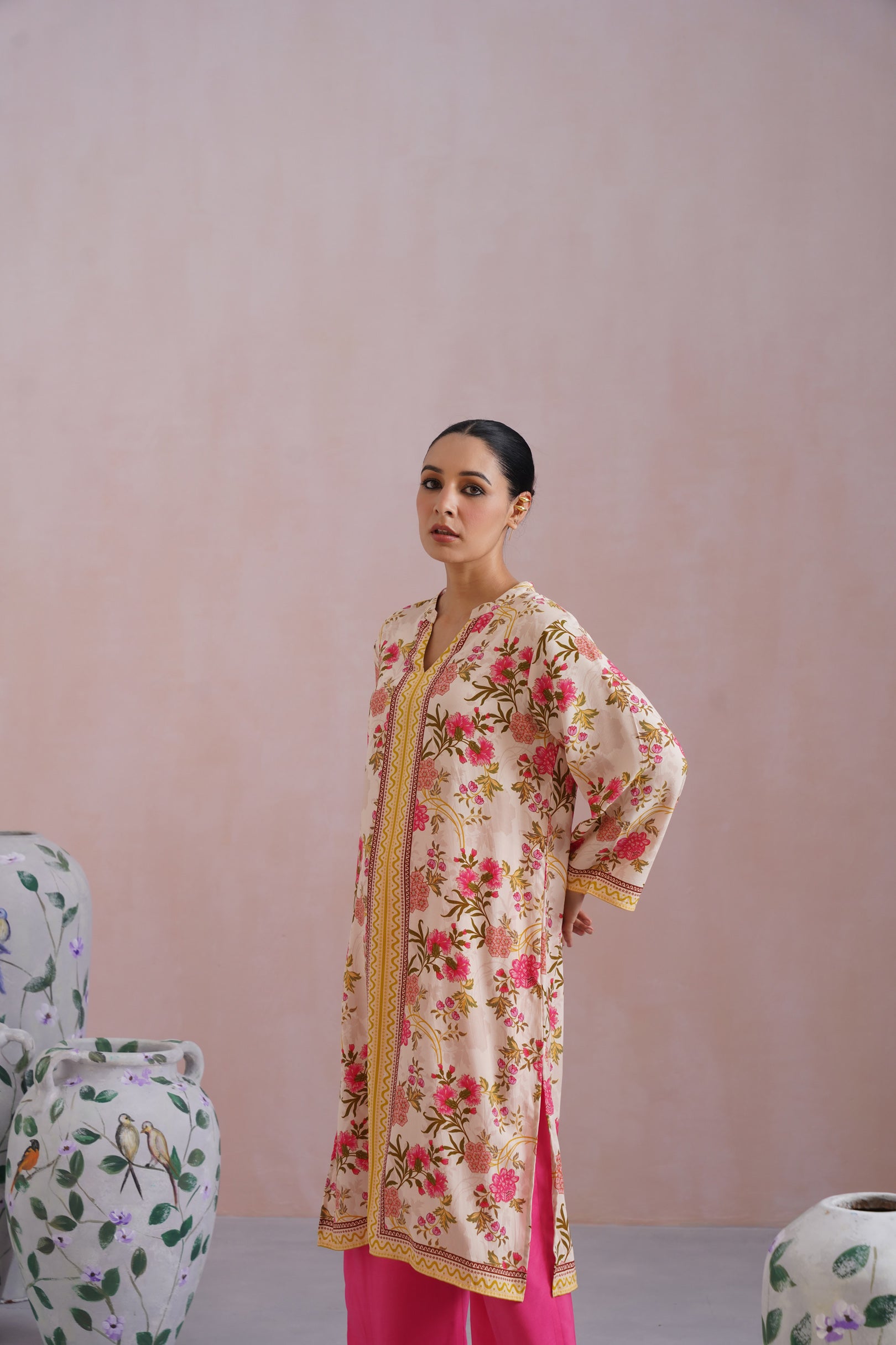 Pink & Beige Floral Digital Printed Kurta Set