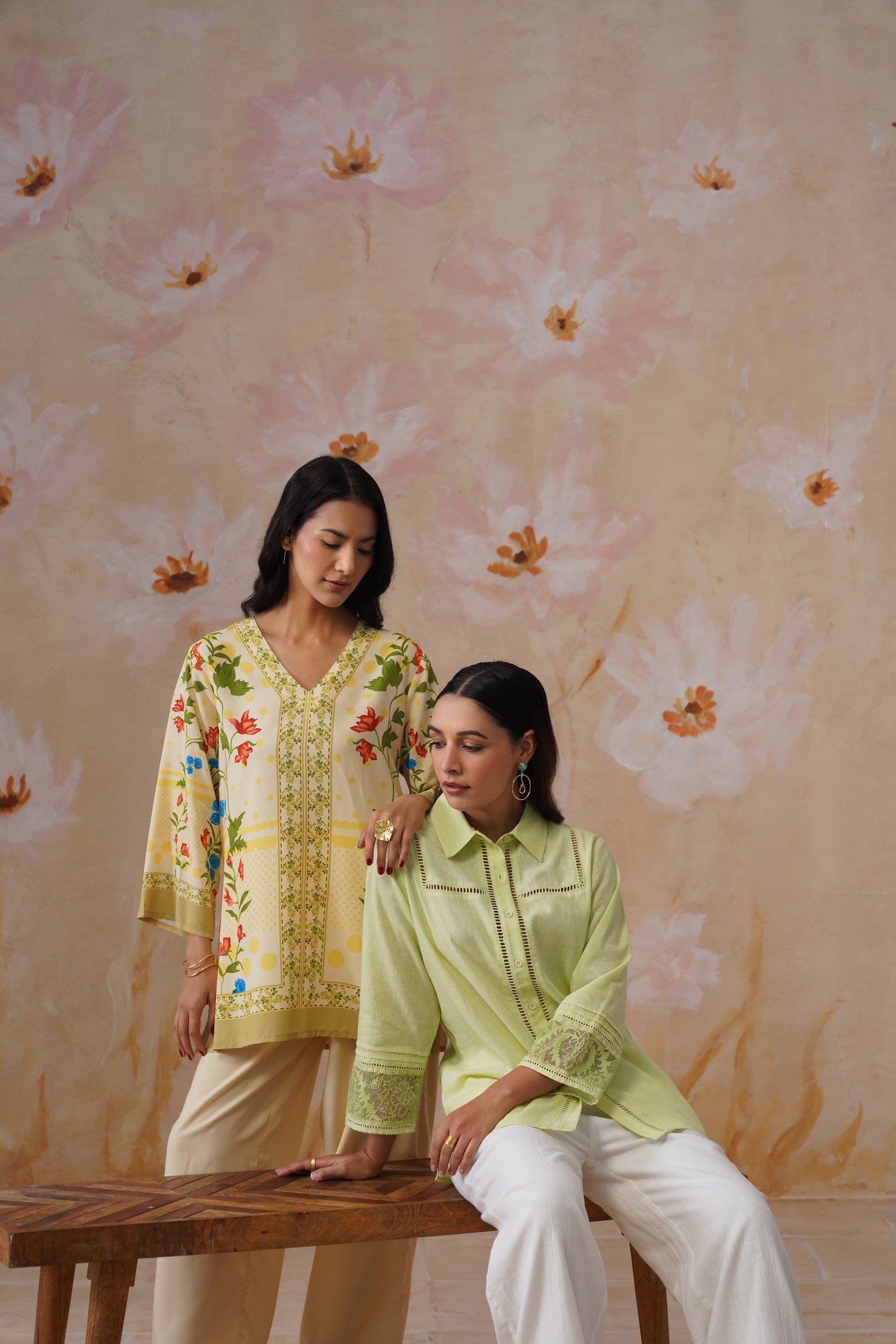 Green & white Organza Embroidered Cotton Linen Co-Ord Set