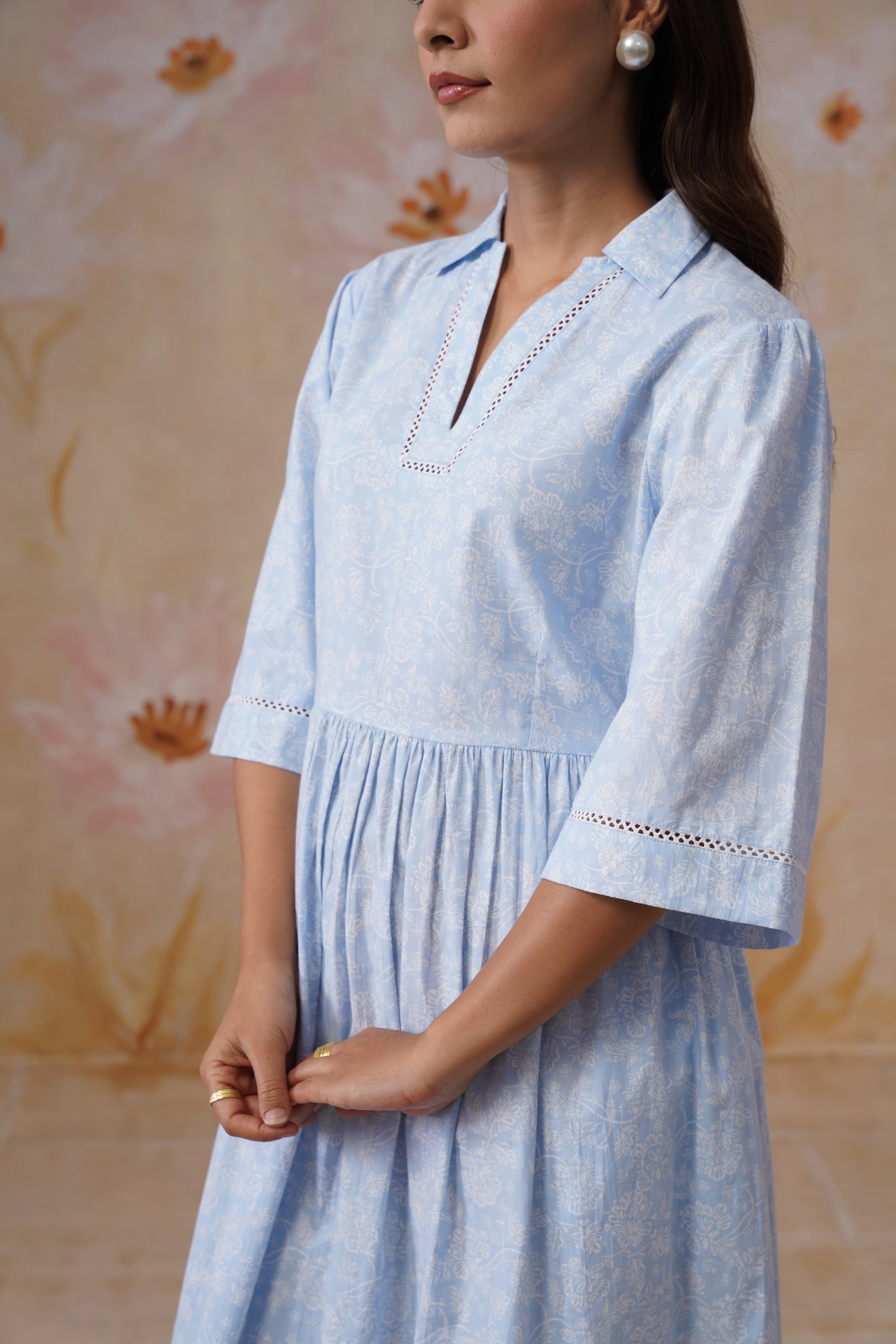 Blue and White Floral Printed Flared Midi Dress