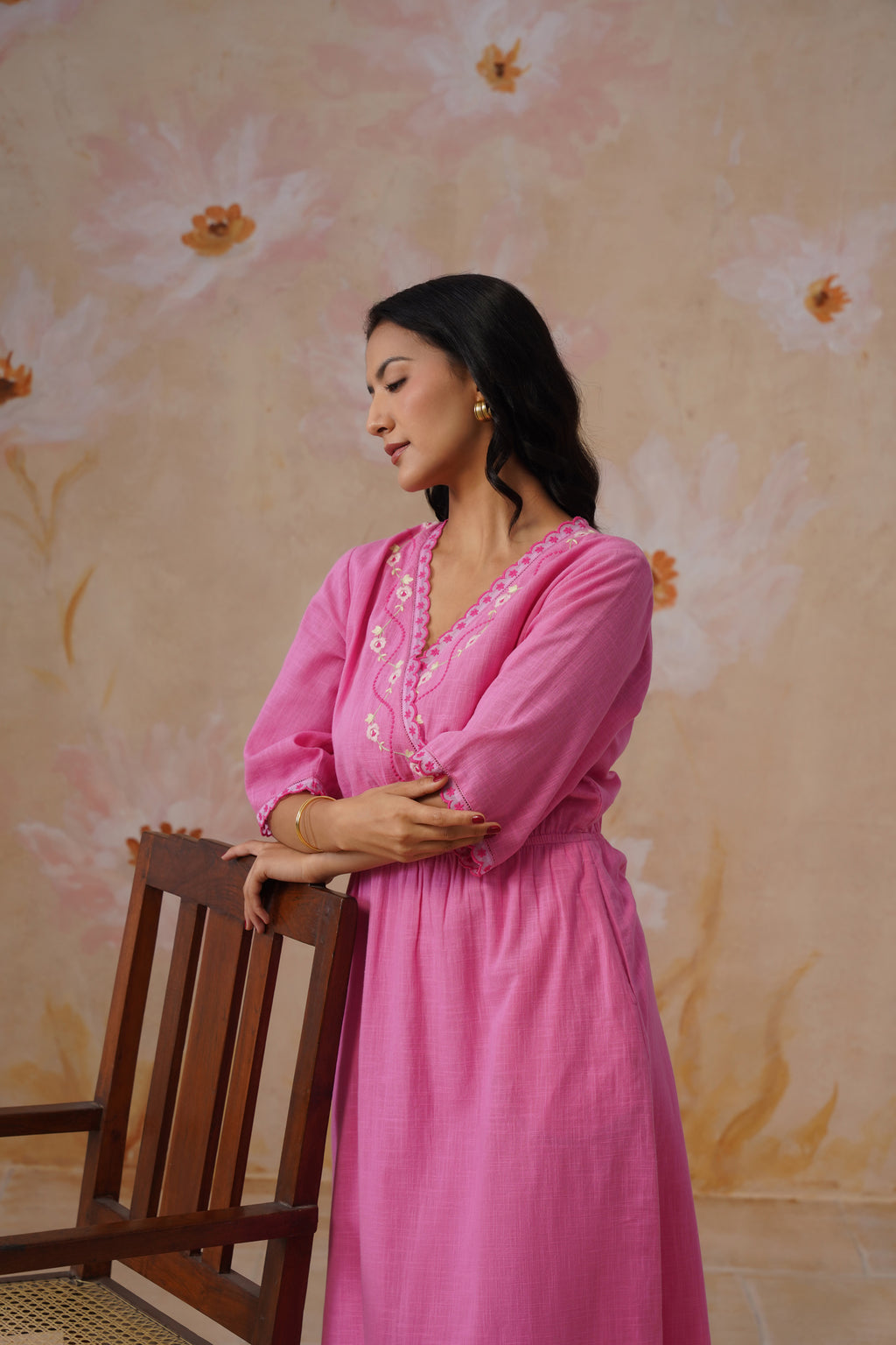 Rose Pink Embroidered Midi Dress with Organza Detailing