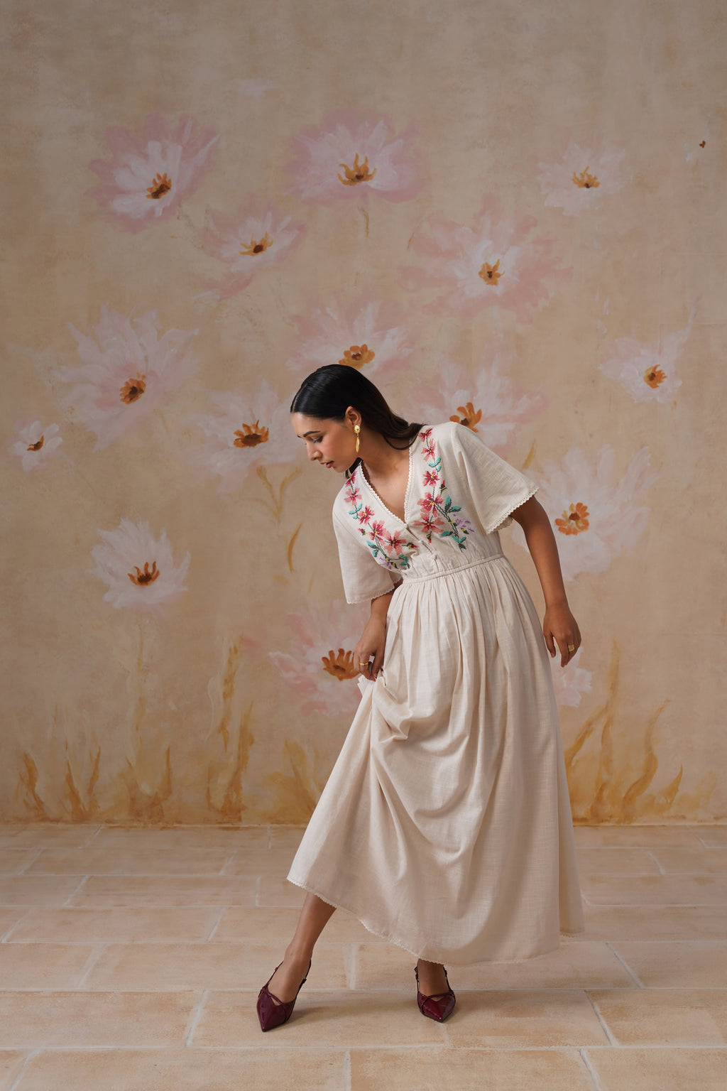 Ivory Floral Cross-Stitch Embroidery Maxi Dress