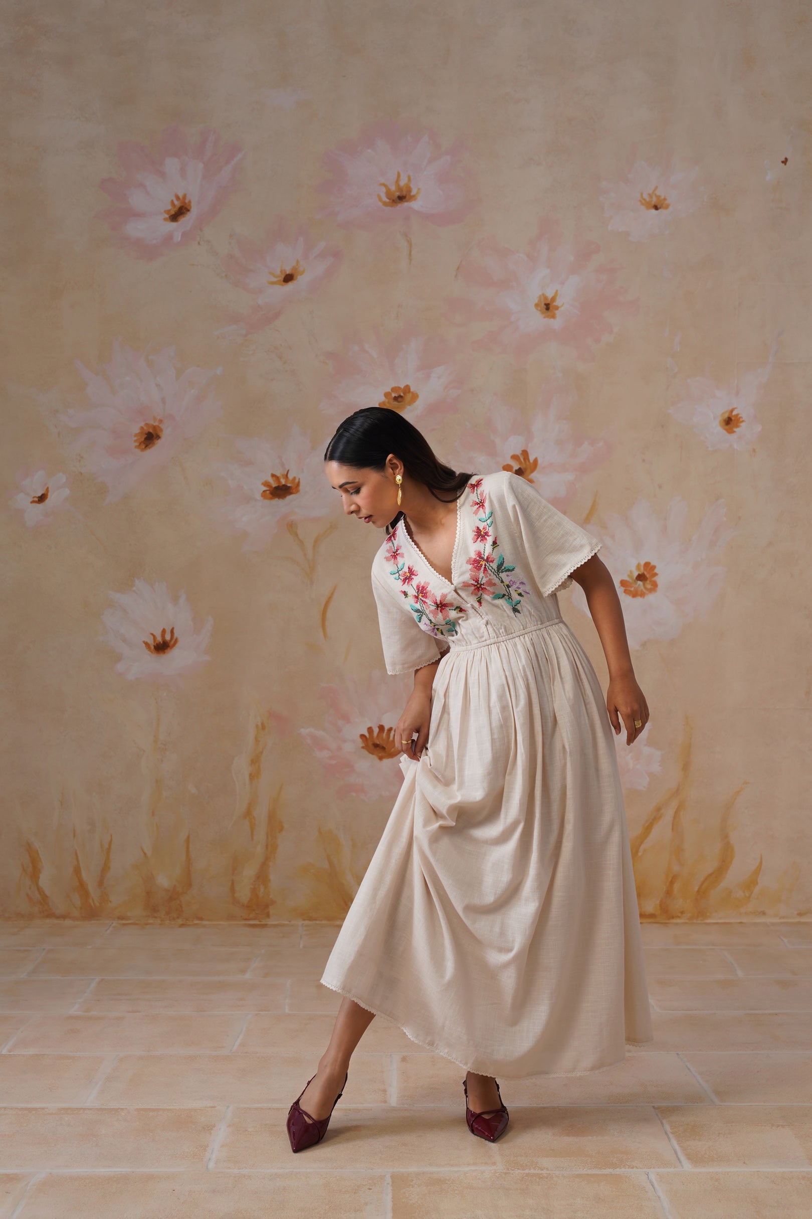 Ivory Floral Cross-Stitch Embroidery Maxi Dress