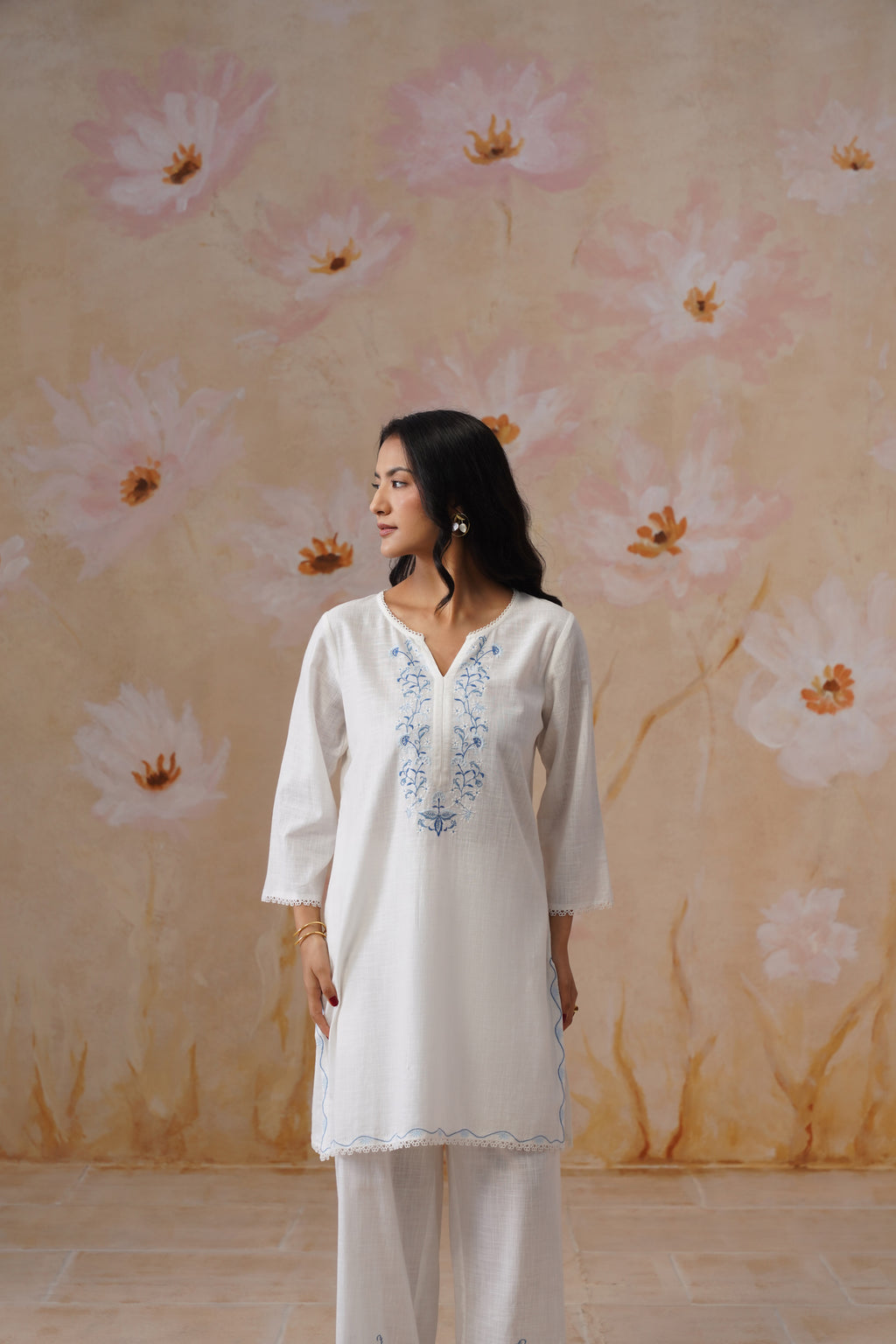 White & Blue Embroidered Kurta Set With Lace Detailing