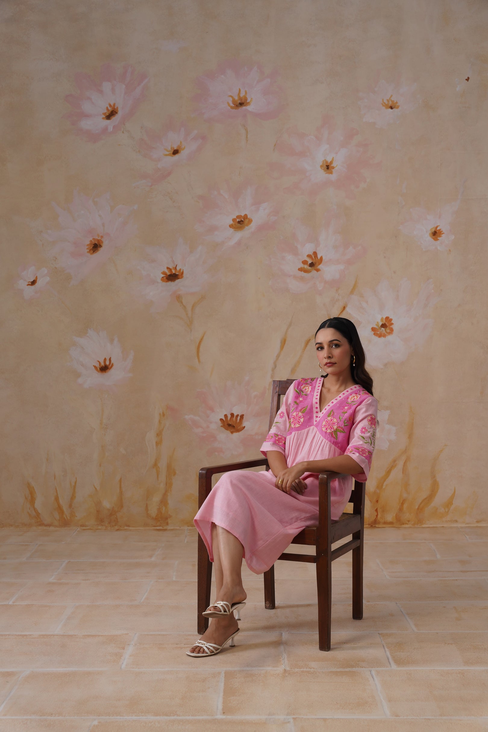 Blush Pink Floral Embroidered Midi Dress