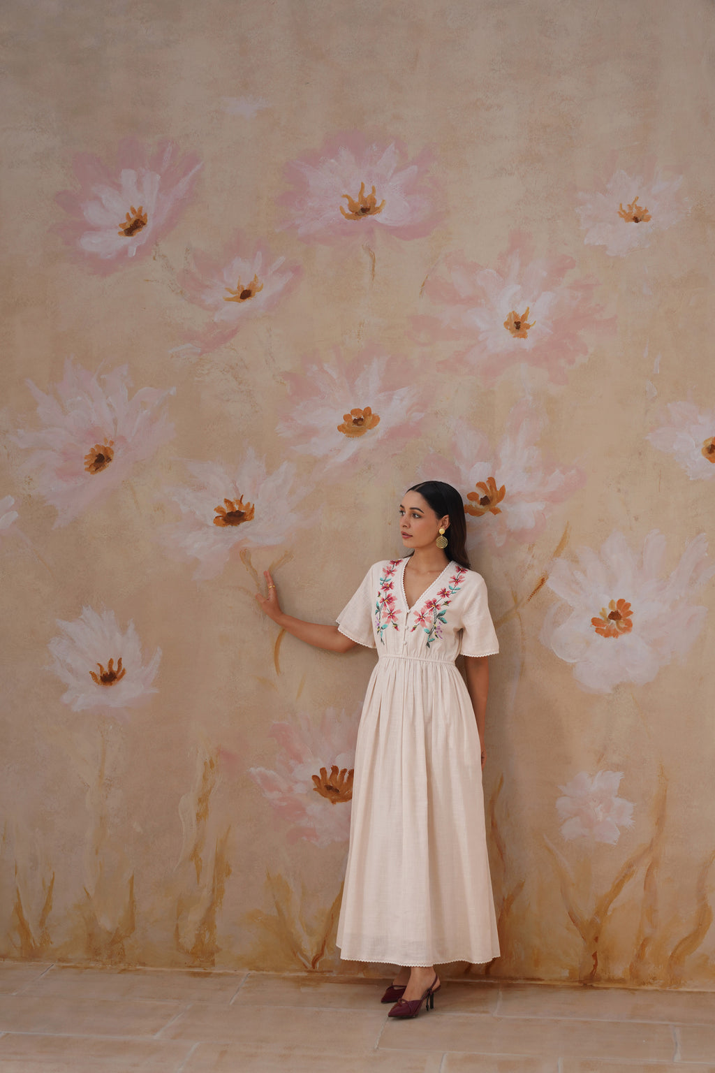 Ivory Floral Cross-Stitch Embroidery Maxi Dress