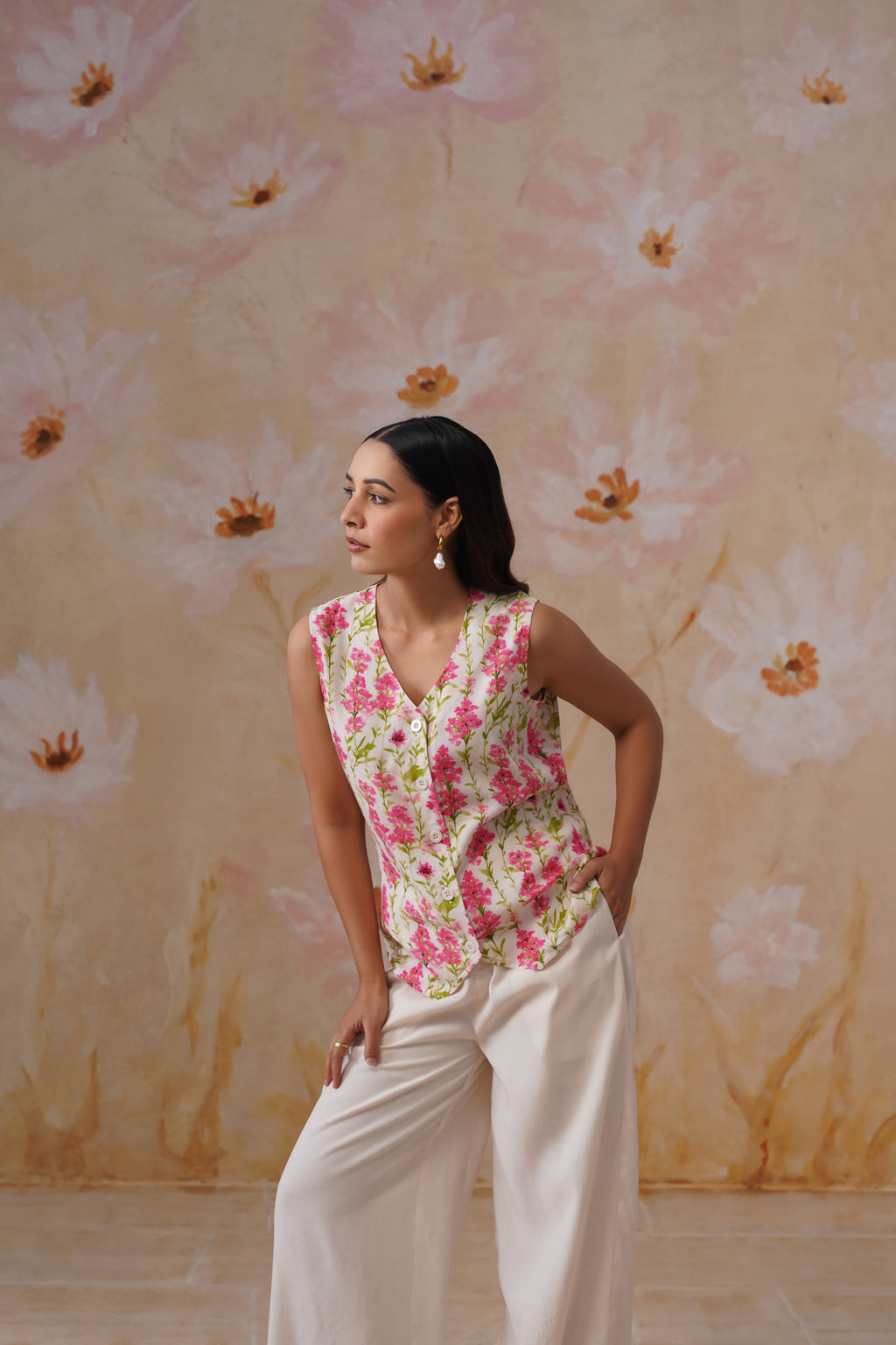 Watery Floral Digital Printed Vest Set