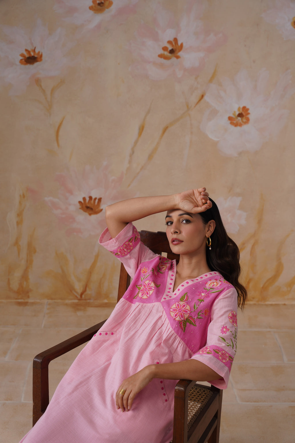 Blush Pink Floral Embroidered Midi Dress