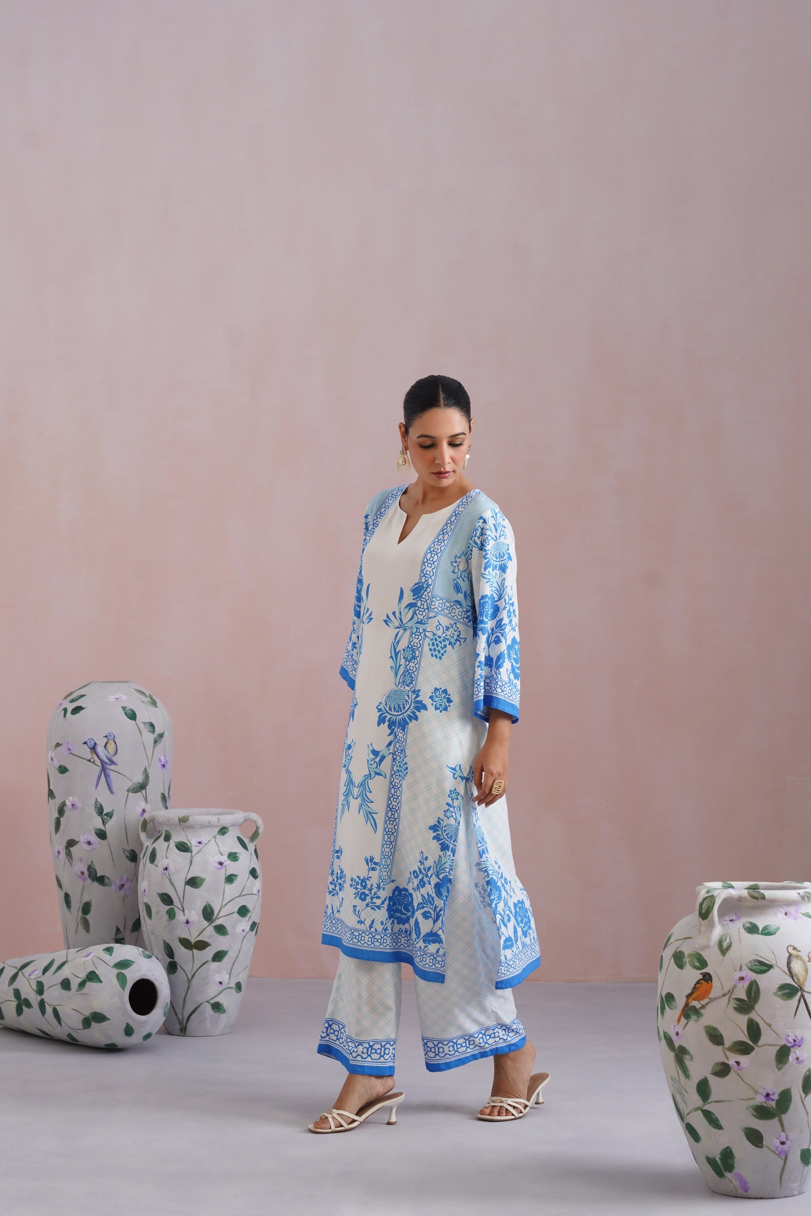 Blue & White Floral Digital Printed Kurta Set