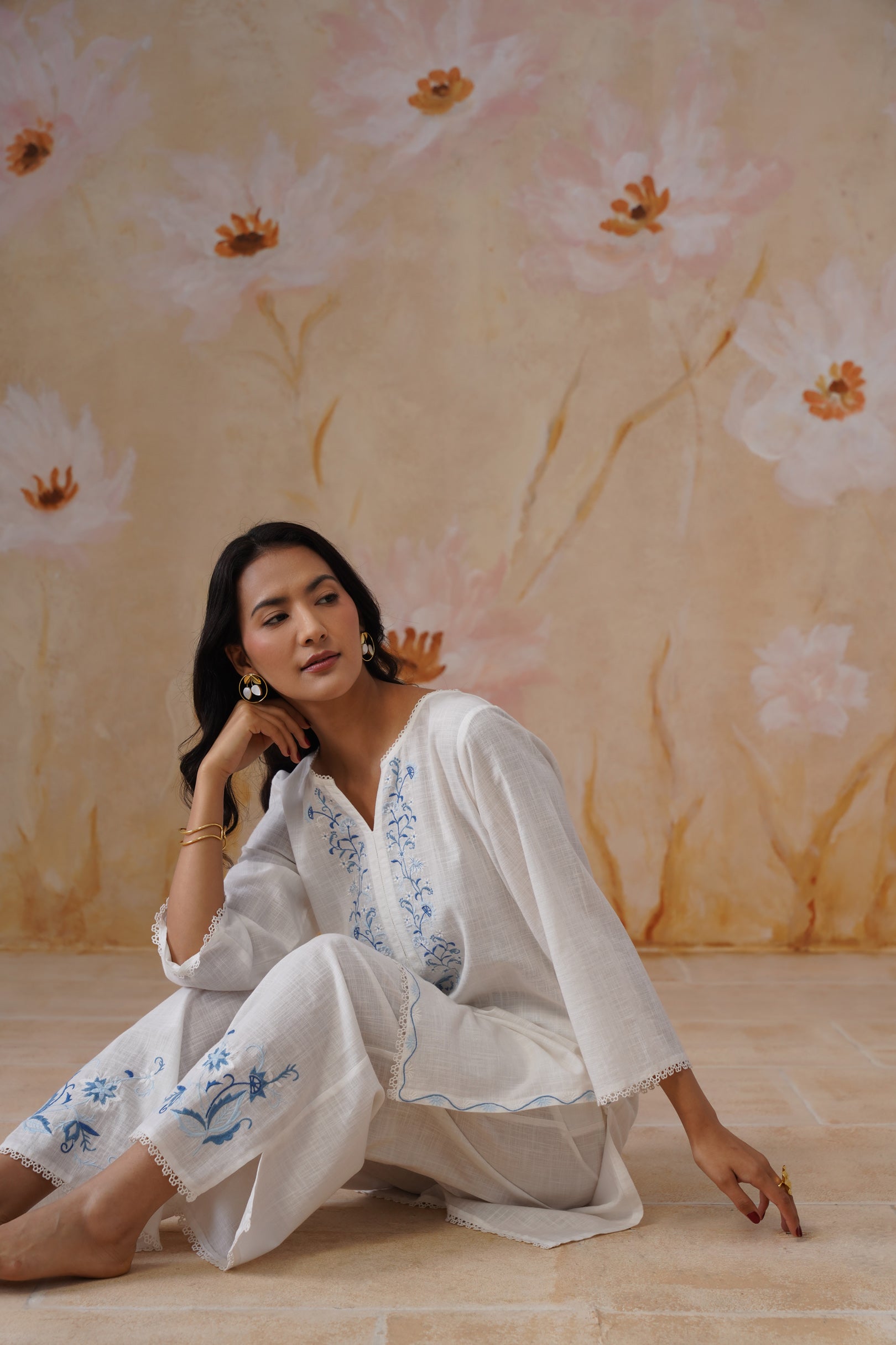 White & Blue Embroidered Kurta Set With Lace Detailing