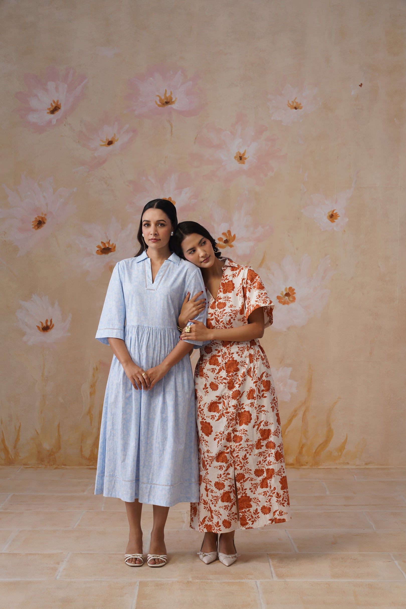 Blue and White Floral Printed Flared Midi Dress