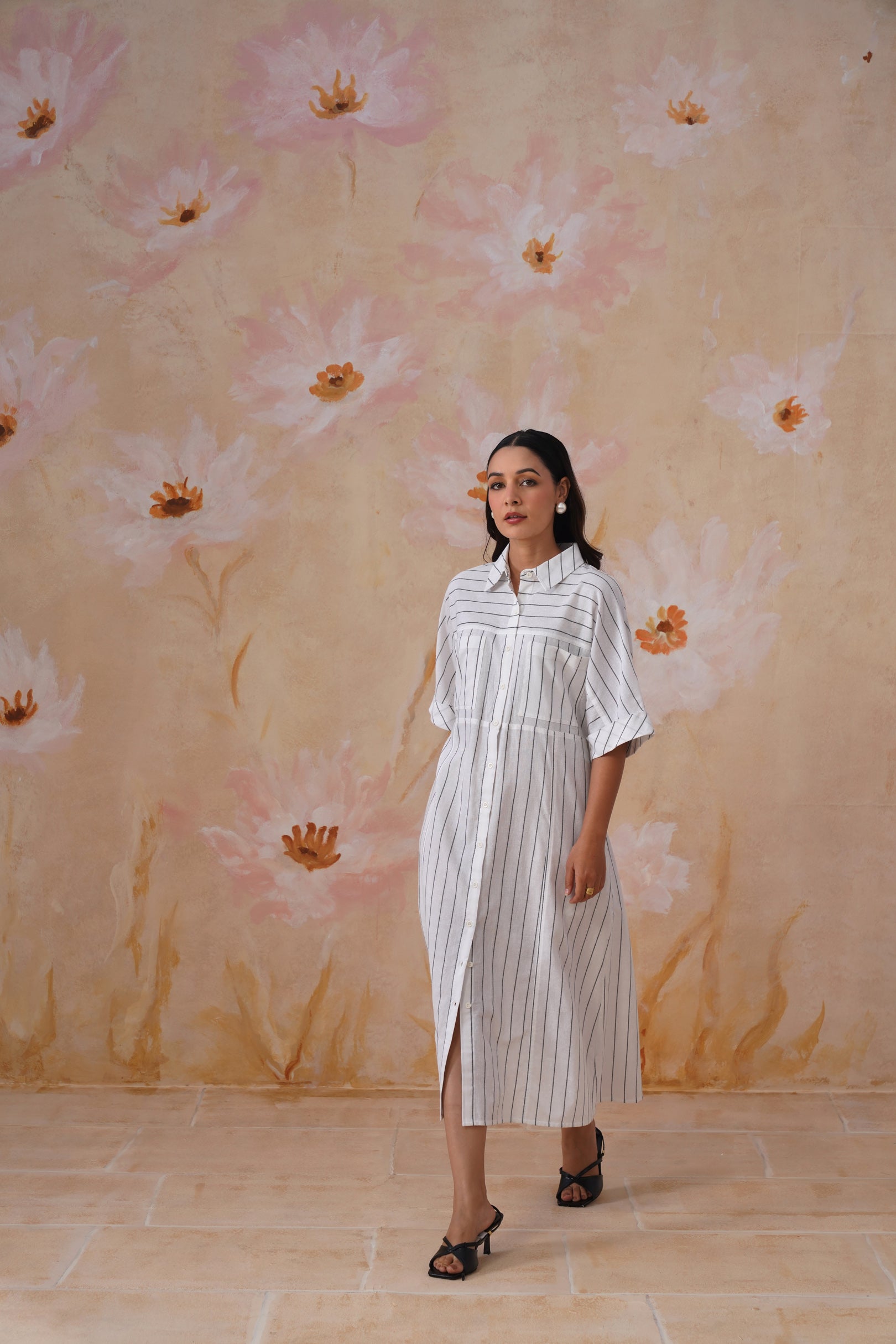 Cotton Yarn Dyed Stripe Midi Shirt Dress