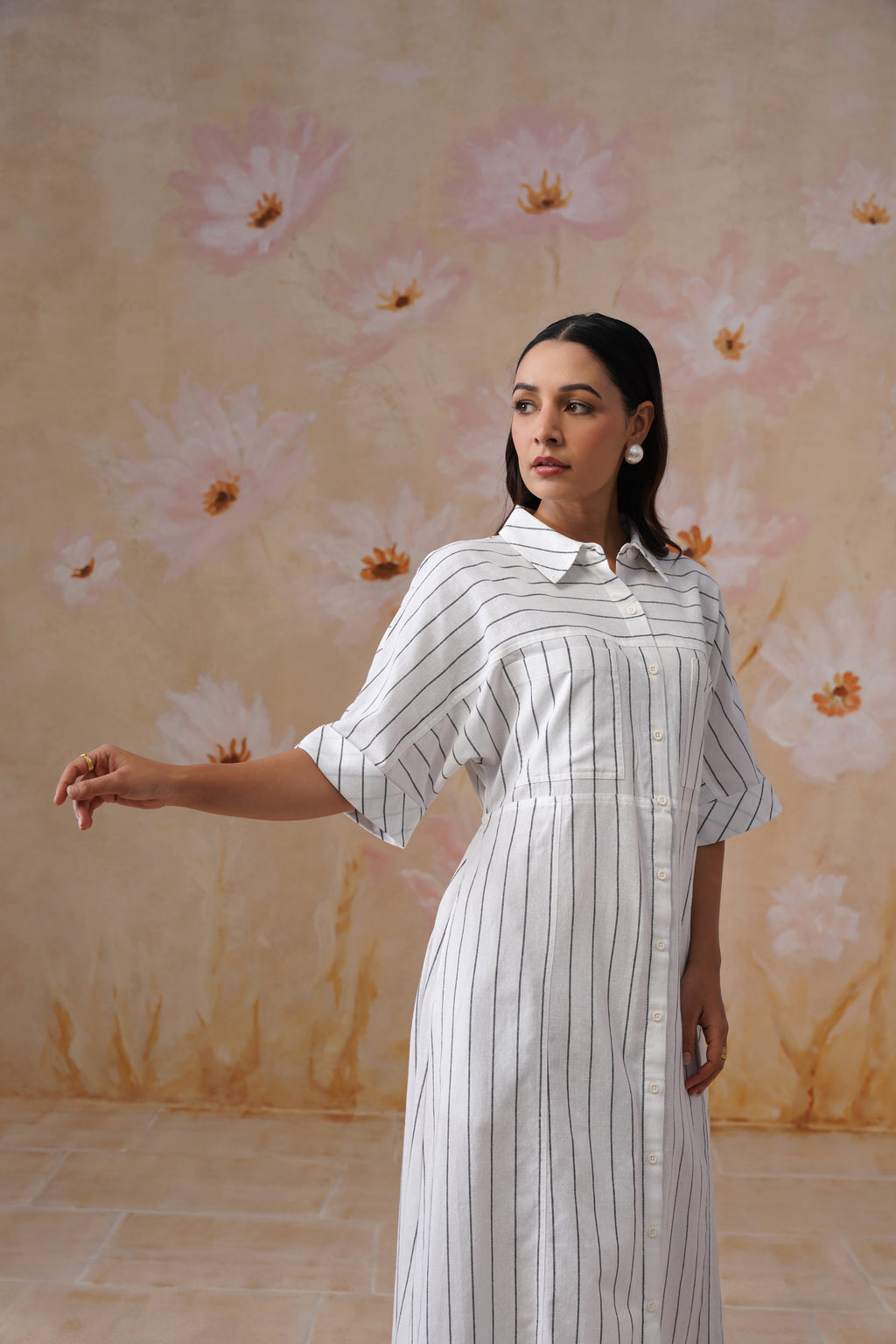 Cotton Yarn Dyed Stripe Midi Shirt Dress