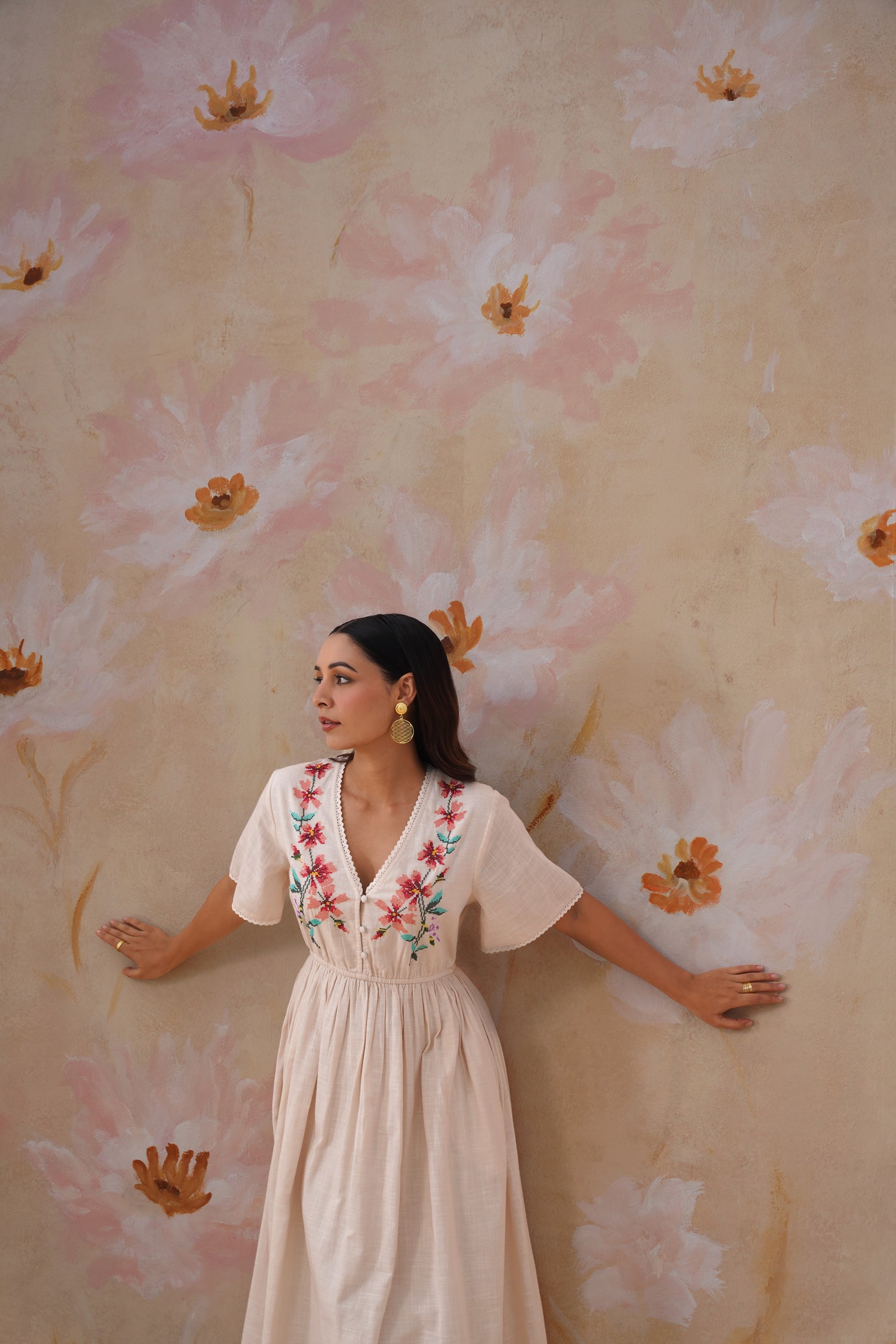 Ivory Floral Cross-Stitch Embroidery Maxi Dress