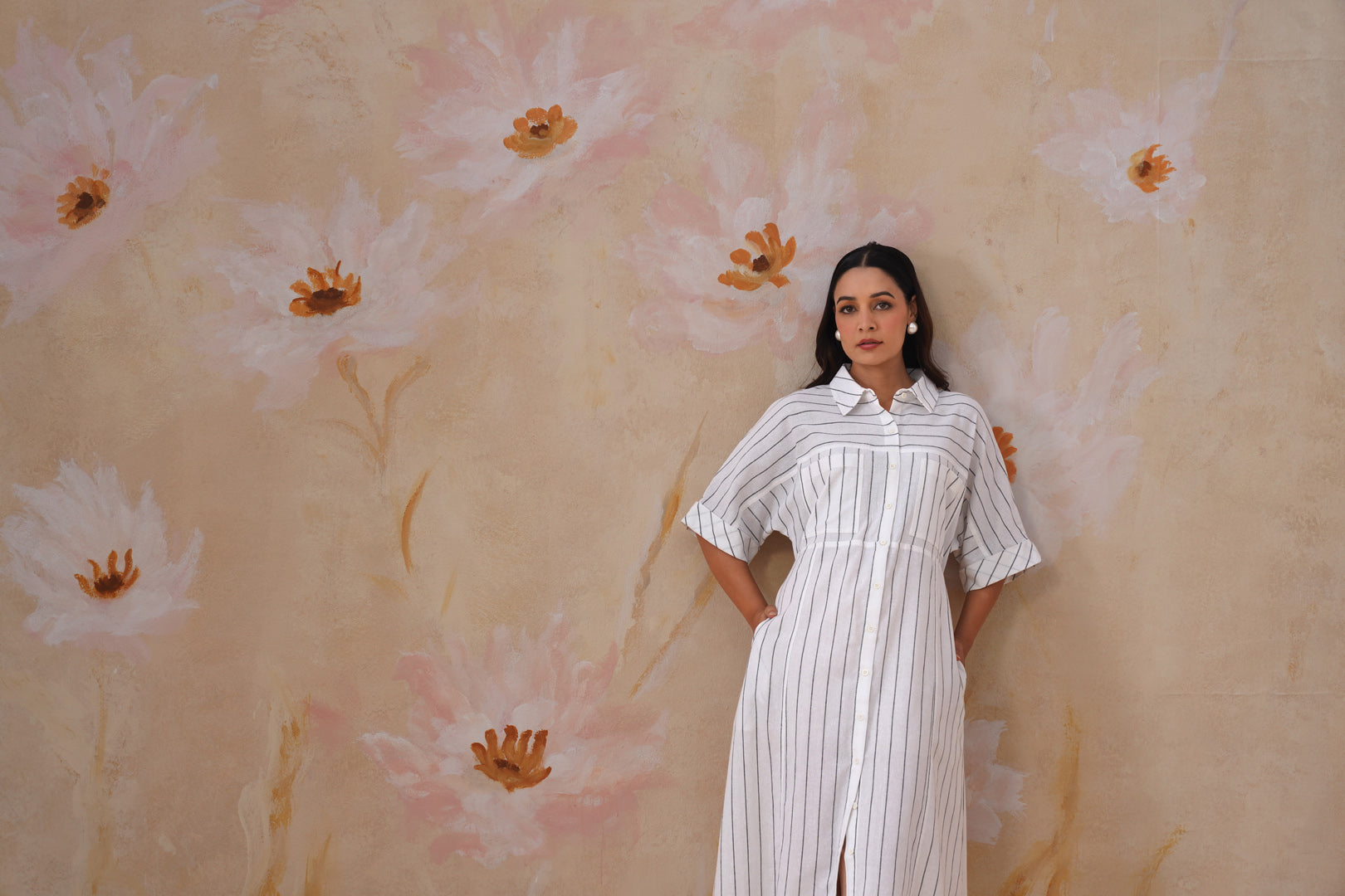 Cotton Yarn Dyed Stripe Midi Shirt Dress