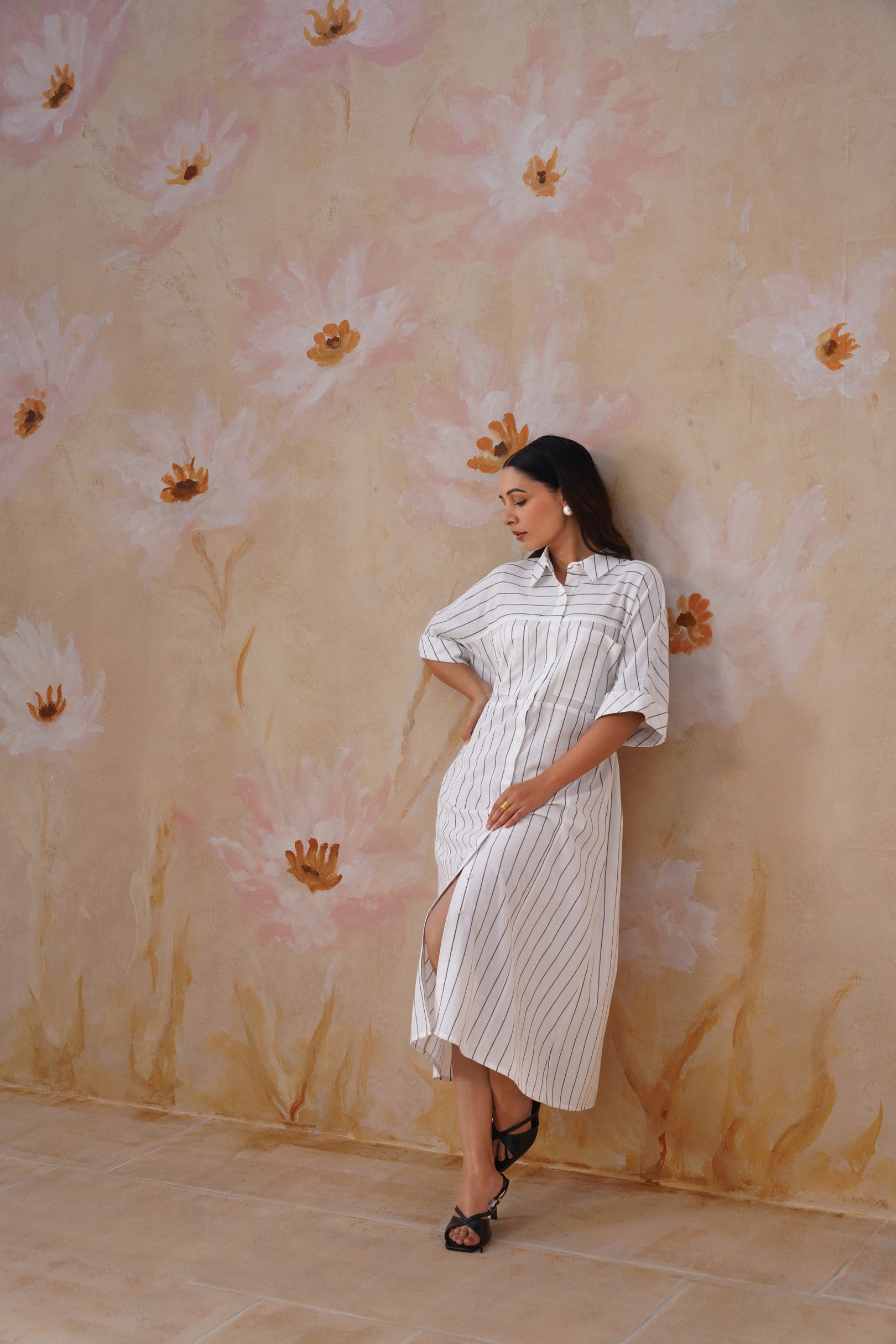 Cotton Yarn Dyed Stripe Midi Shirt Dress