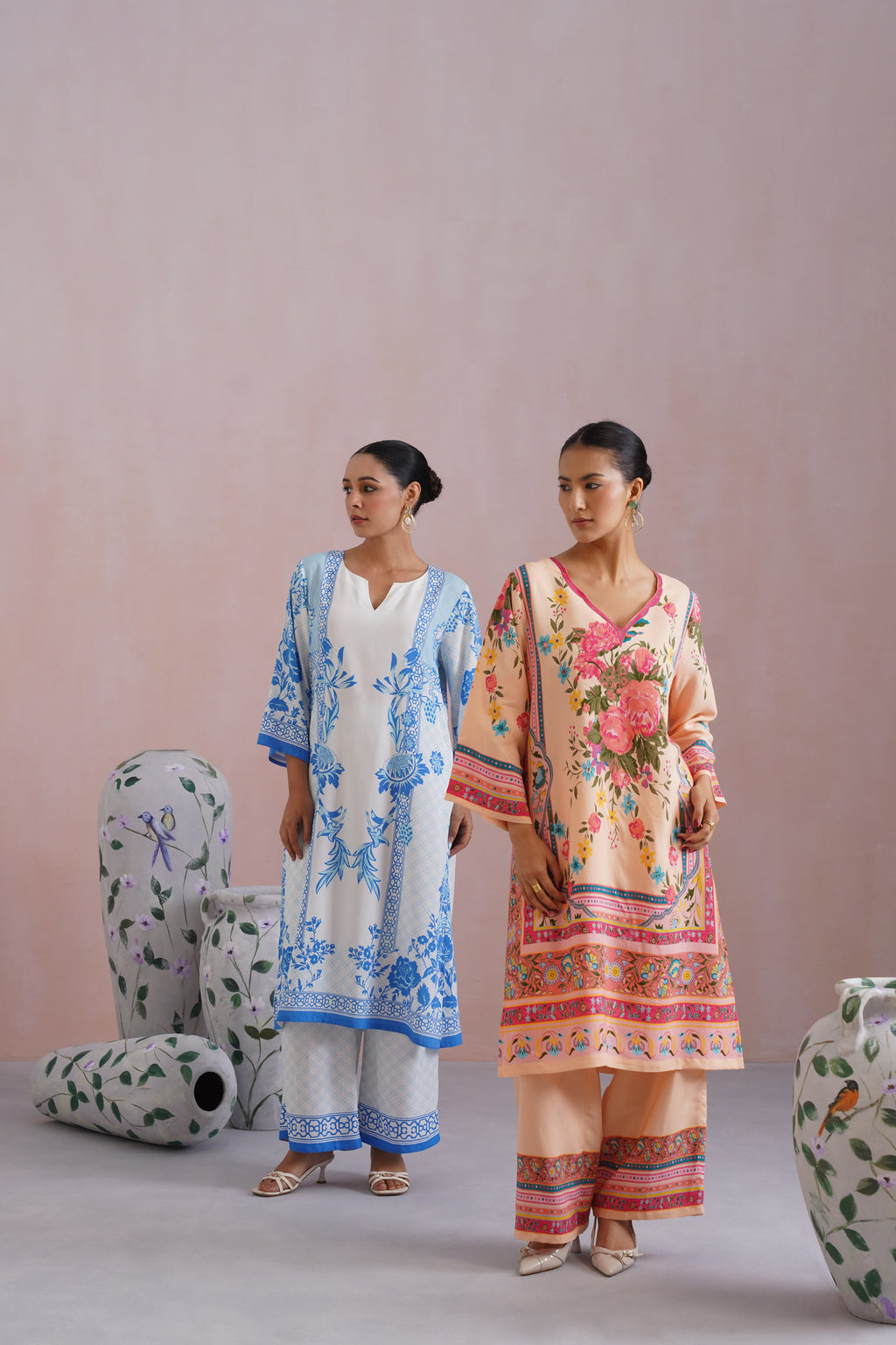 Blue & White Floral Digital Printed Kurta Set