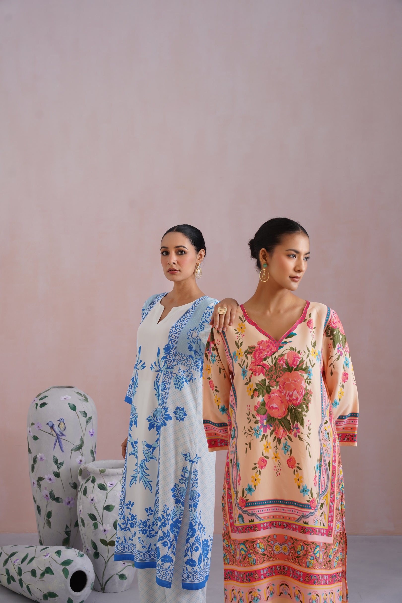 Blue & White Floral Digital Printed Kurta Set