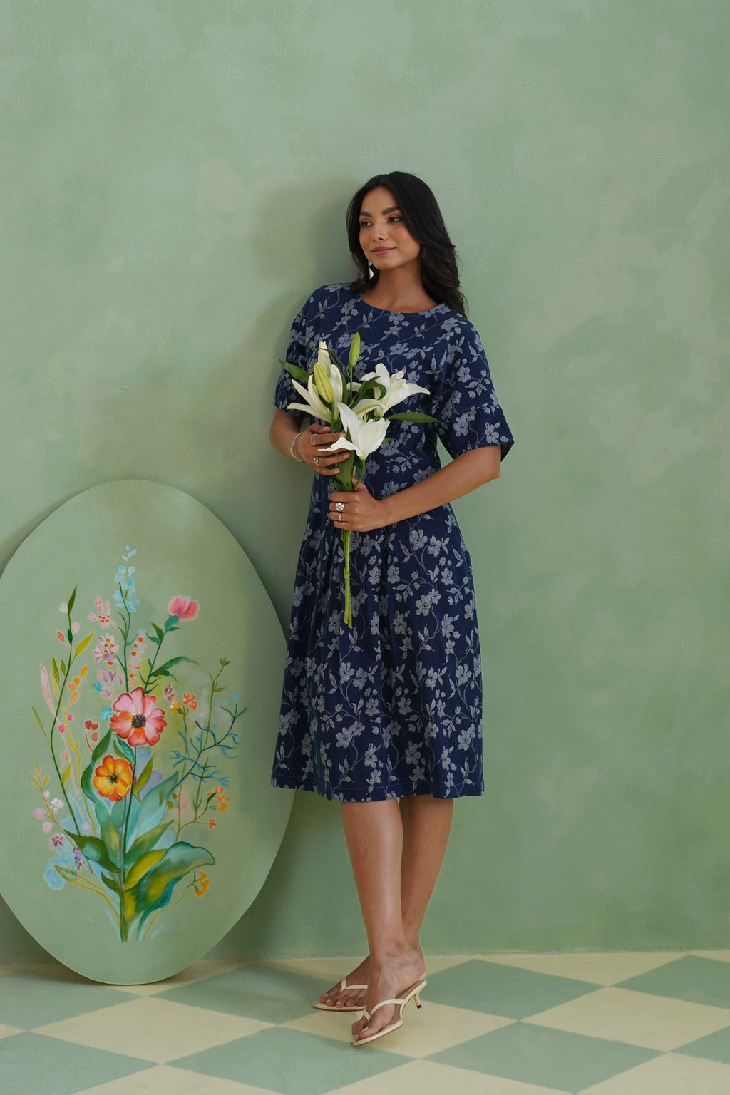 Indigo Floral Flared Jacquard Denim Midi Dress Korah Stitch