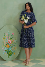 Indigo Floral Flared Jacquard Denim Midi Dress Korah Stitch