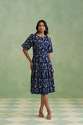 Indigo Floral Flared Jacquard Denim Midi Dress Korah Stitch