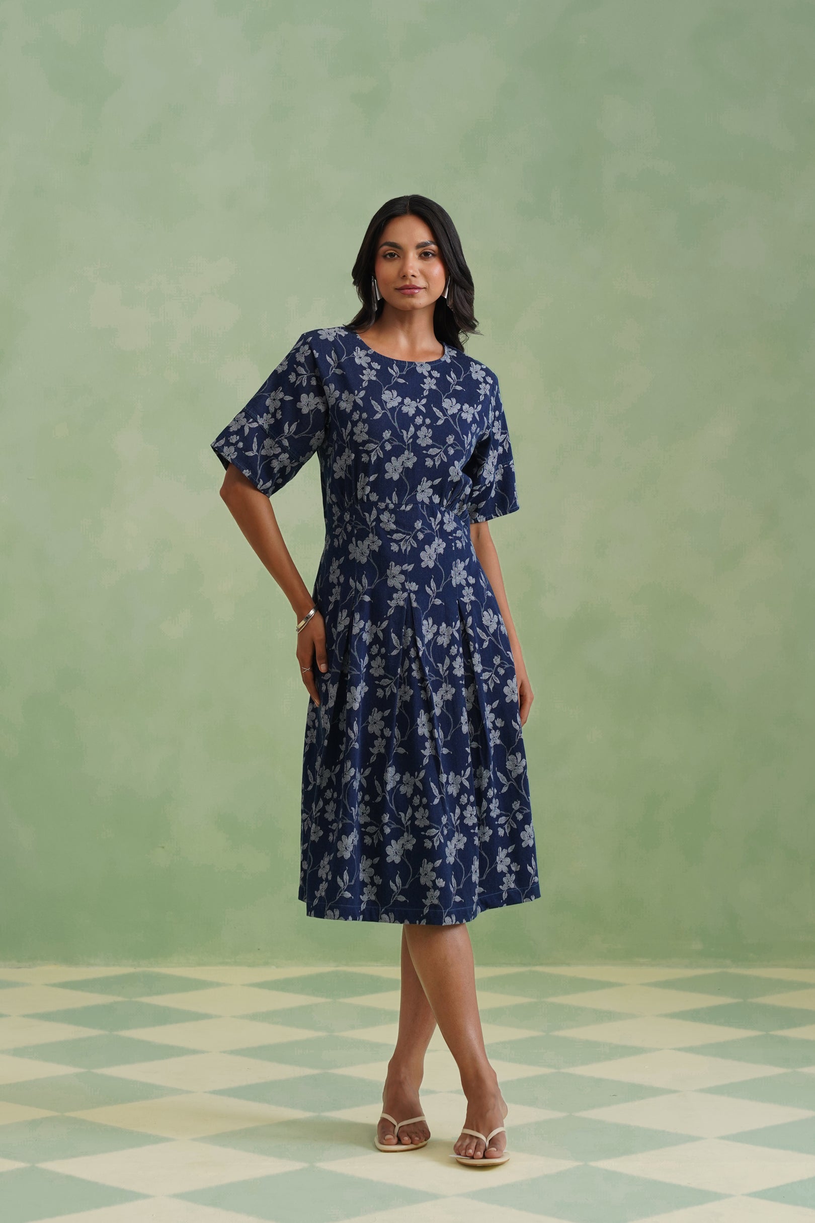 Indigo Floral Flared Jacquard Denim Midi Dress Korah Stitch