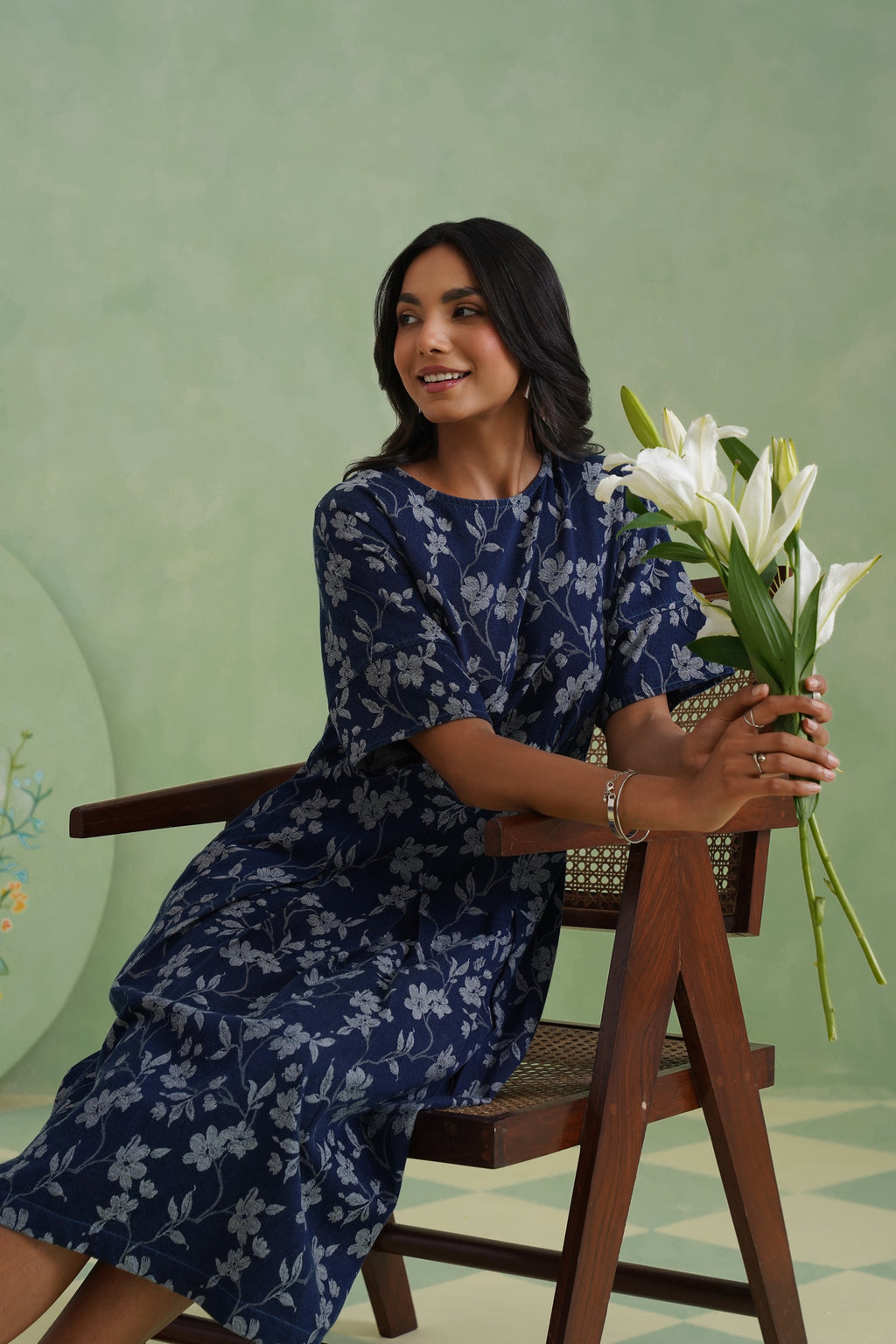 Indigo Floral Flared Jacquard Denim Midi Dress Korah Stitch