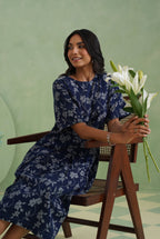 Indigo Floral Flared Jacquard Denim Midi Dress Korah Stitch