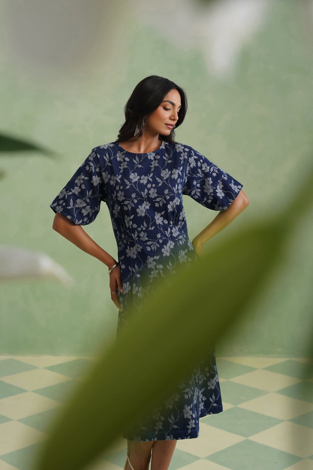Indigo Floral Flared Jacquard Denim Midi Dress Korah Stitch