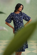 Indigo Floral Flared Jacquard Denim Midi Dress Korah Stitch