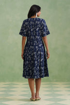 Indigo Floral Flared Jacquard Denim Midi Dress Korah Stitch