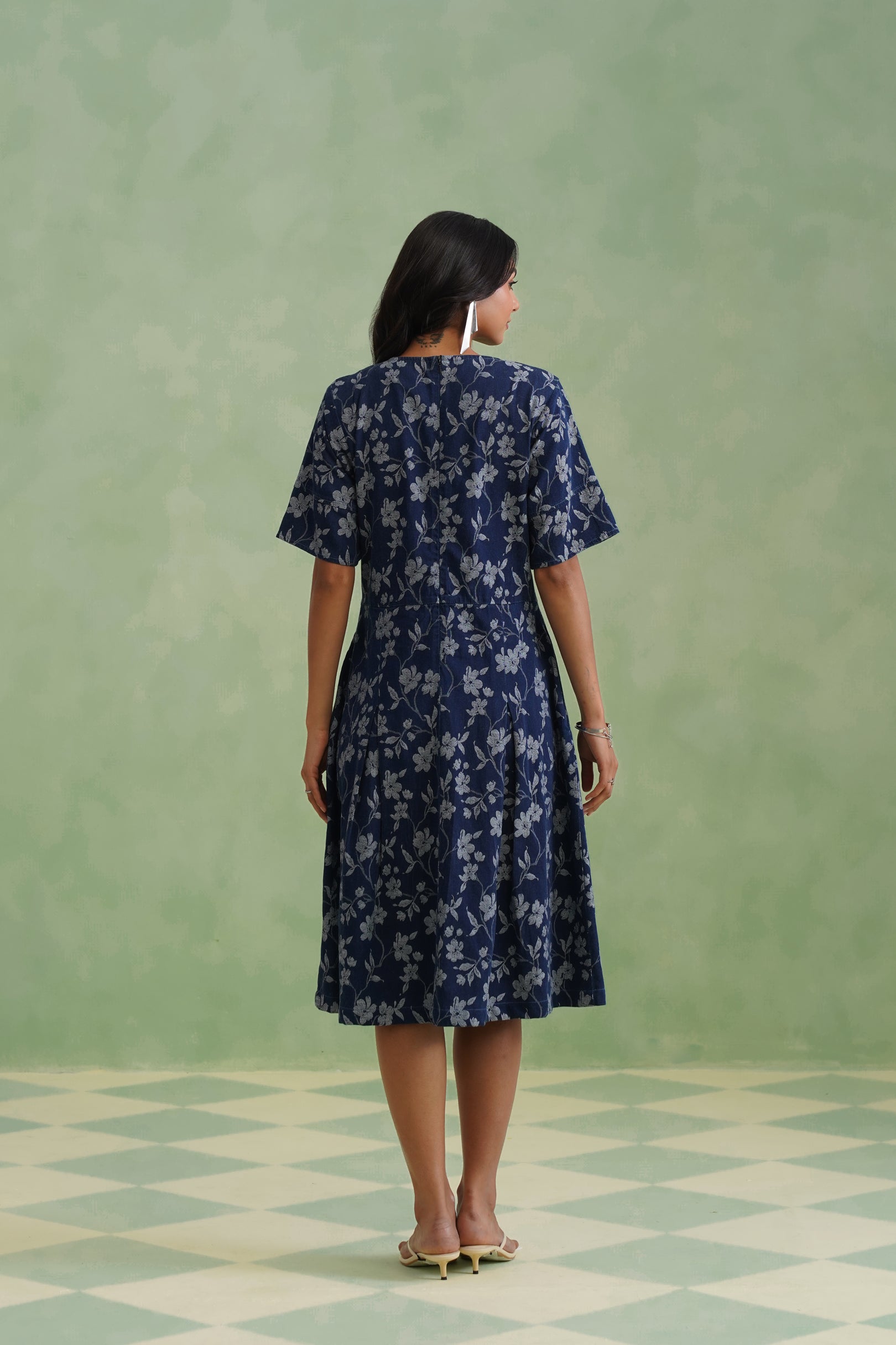 Indigo Floral Flared Jacquard Denim Midi Dress Korah Stitch