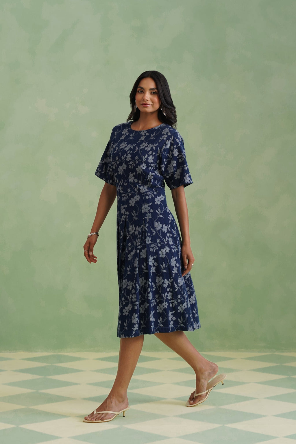Indigo Floral Flared Jacquard Denim Midi Dress Korah Stitch