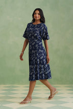 Indigo Floral Flared Jacquard Denim Midi Dress Korah Stitch