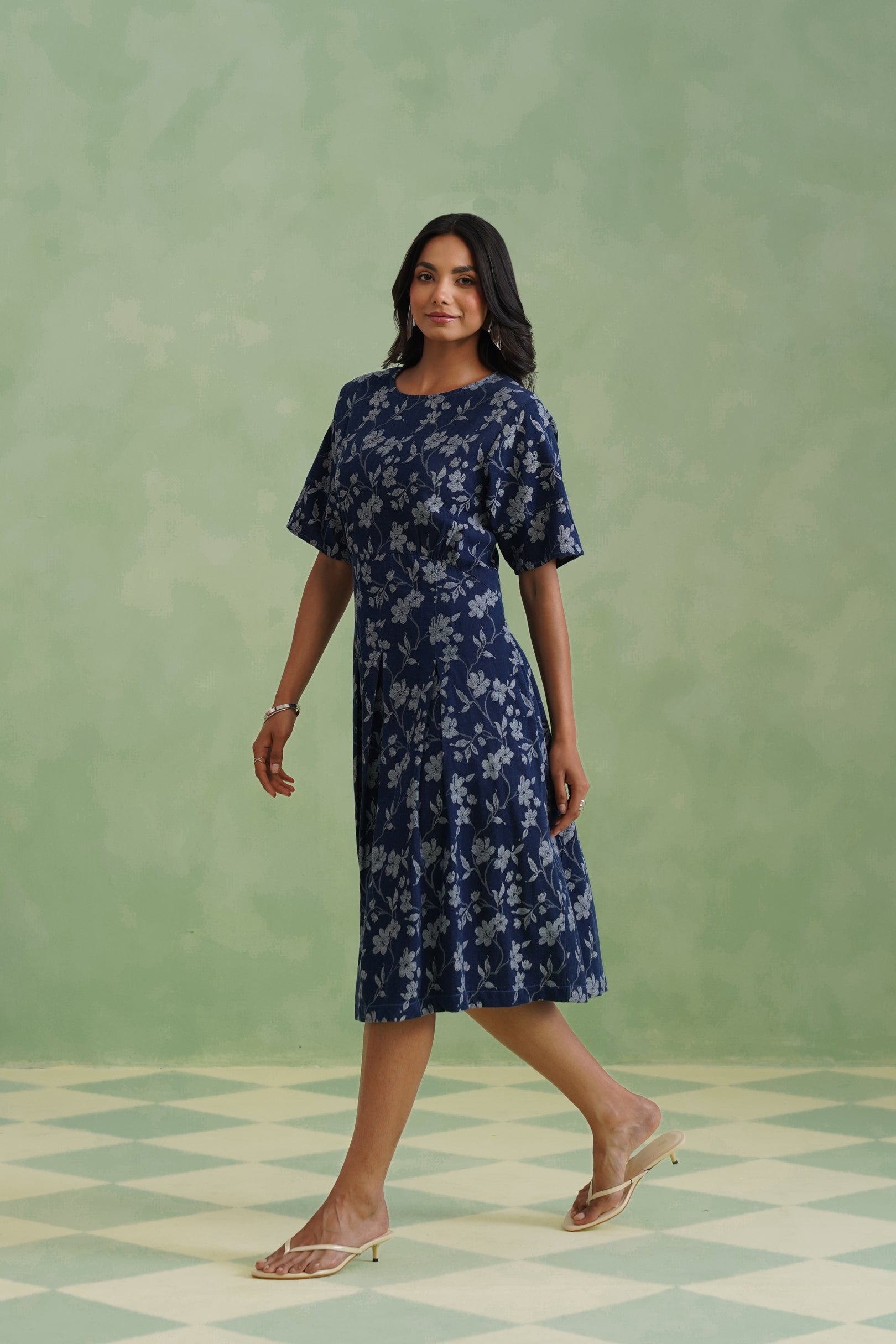 Indigo Floral Flared Jacquard Denim Midi Dress Korah Stitch