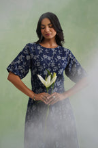 Indigo Floral Flared Jacquard Denim Midi Dress Korah Stitch