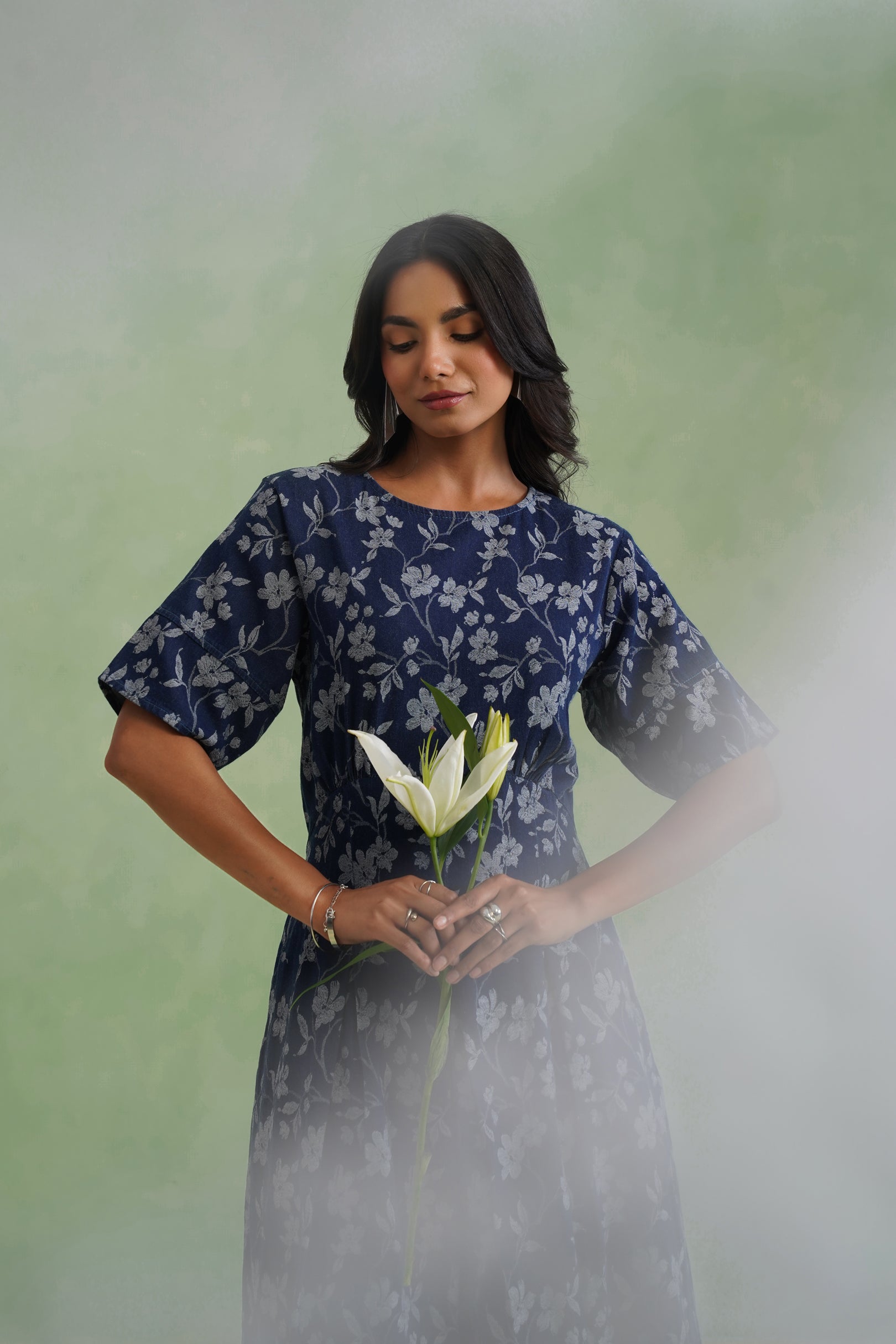 Indigo Floral Flared Jacquard Denim Midi Dress Korah Stitch