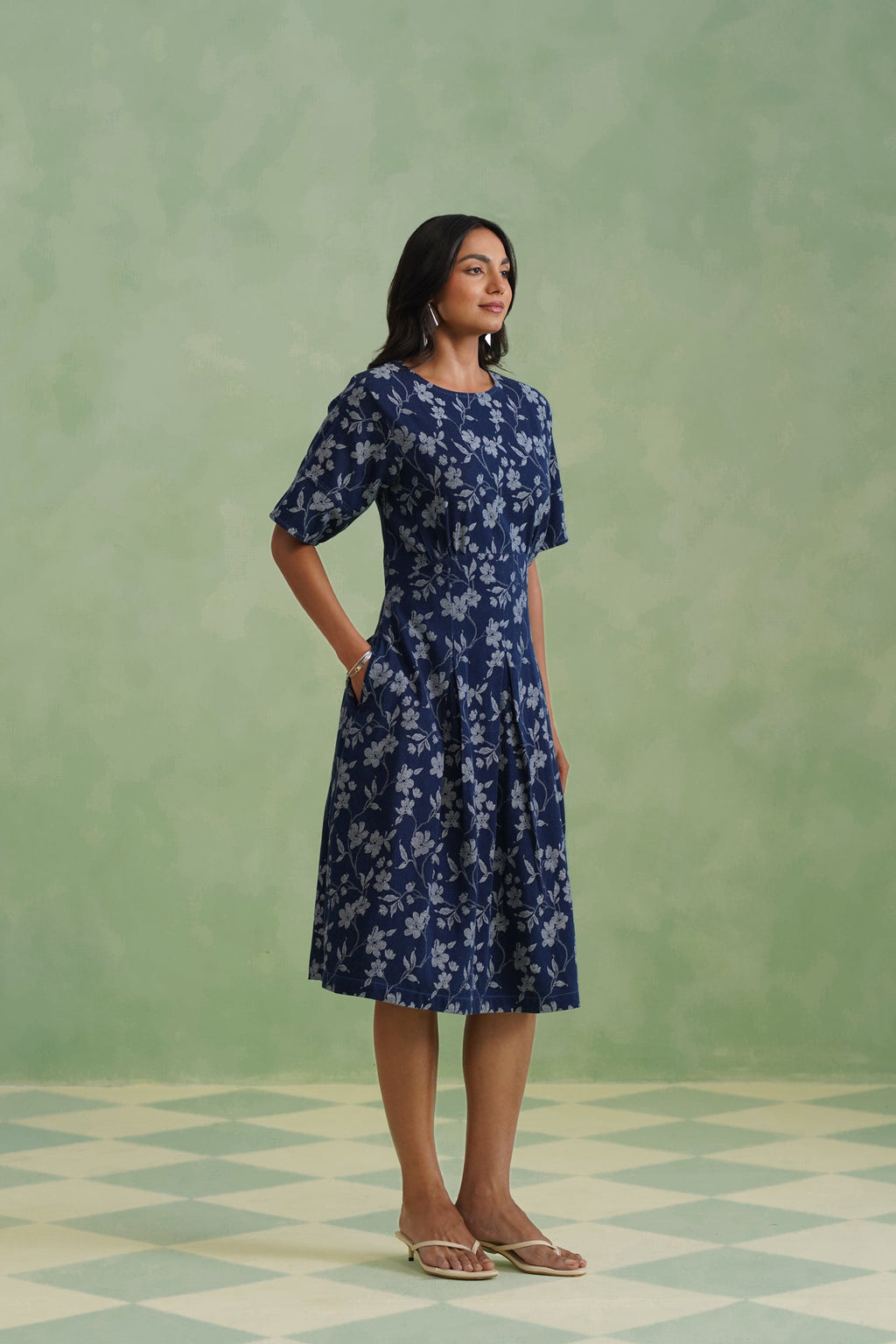 Indigo Floral Flared Jacquard Denim Midi Dress Korah Stitch