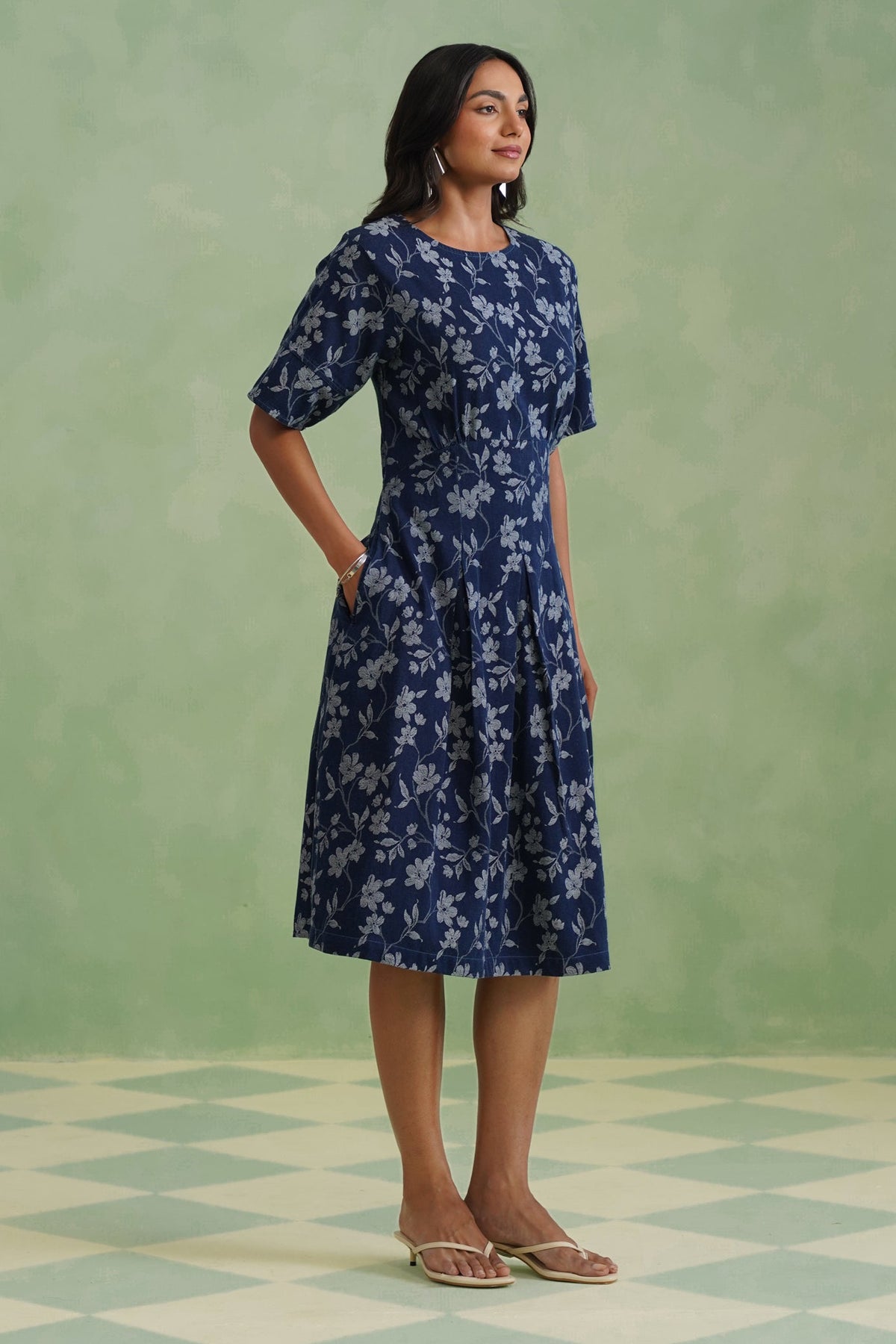 Indigo Floral Flared Jacquard Denim Midi Dress Korah Stitch
