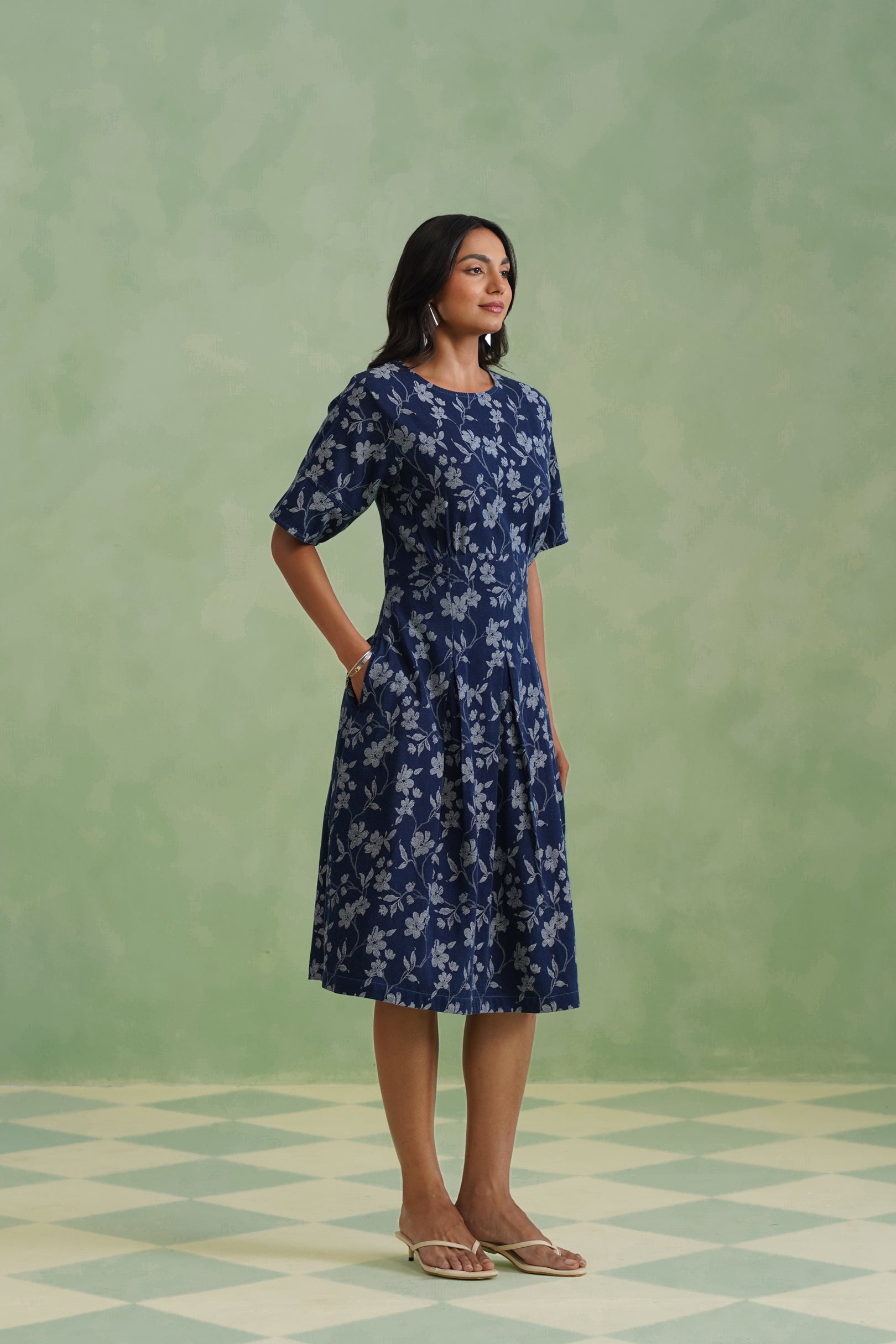 Indigo Floral Flared Jacquard Denim Midi Dress Korah Stitch