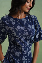 Indigo Floral Flared Jacquard Denim Midi Dress Korah Stitch