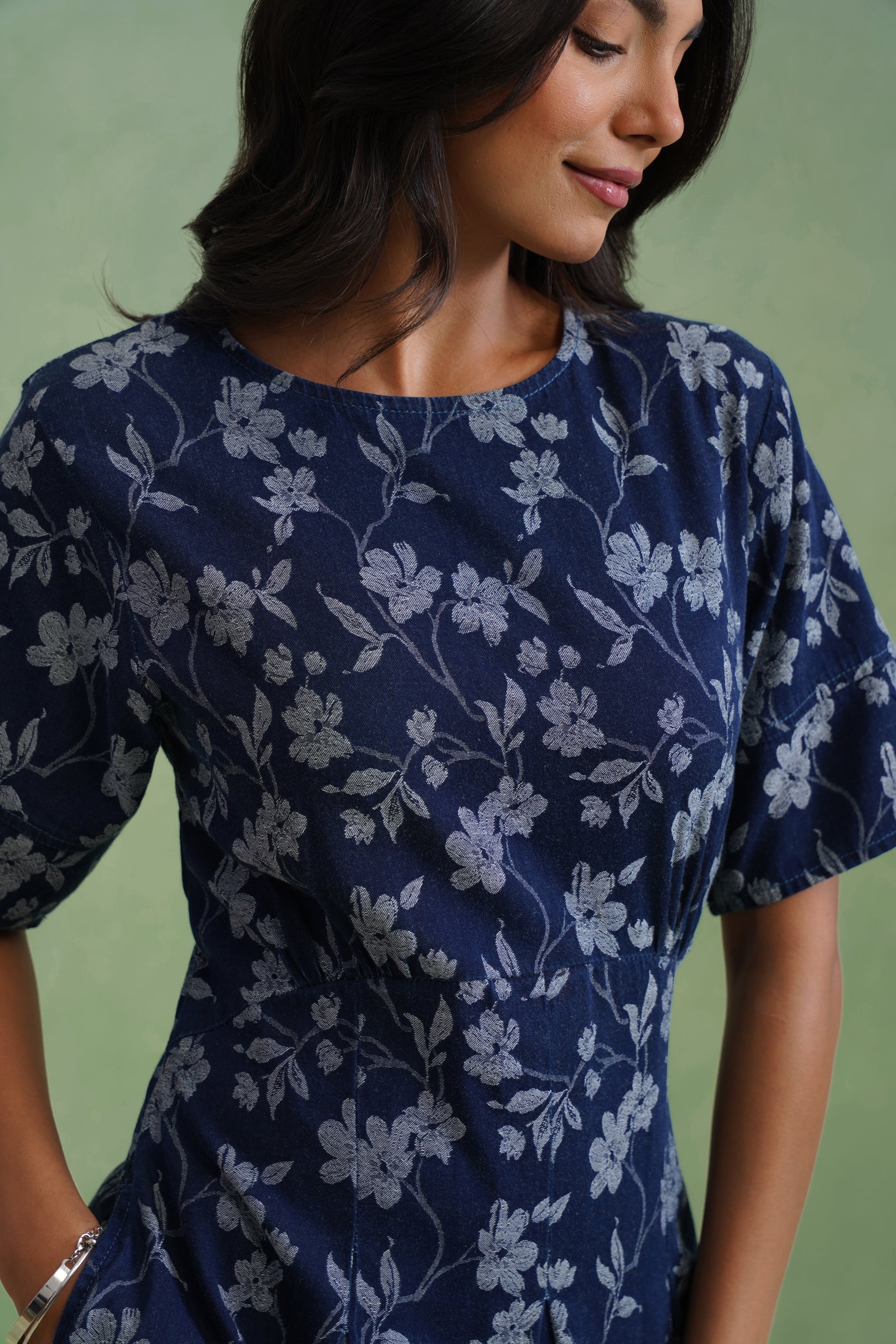 Indigo Floral Flared Jacquard Denim Midi Dress Korah Stitch